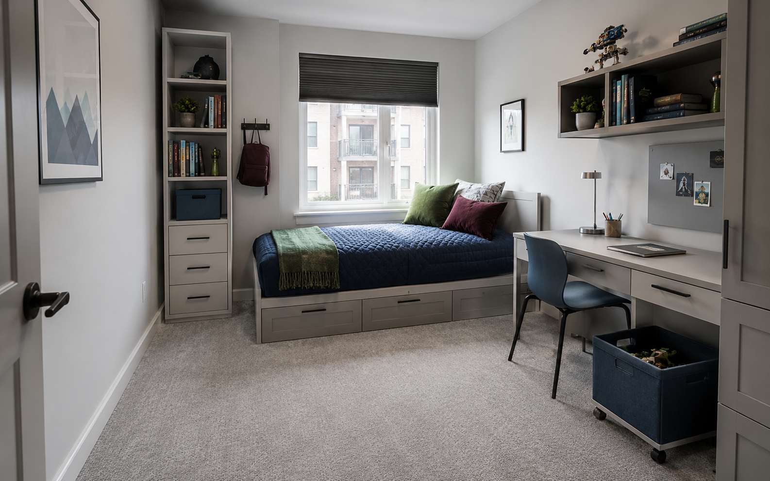 Small Kids Room Solutions - Ravnora Decor Contemporary small kids bedroom with compact sleep, study and vertical storage arranged around a clear central floor path.