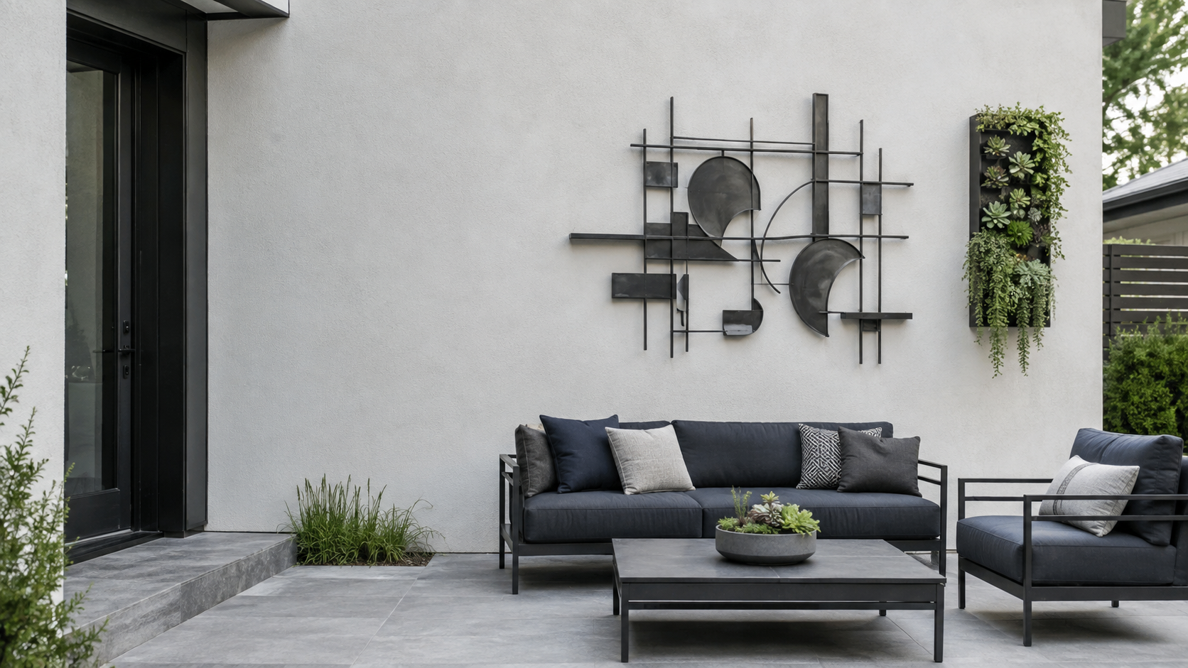 Contemporary patio wall with dark sculptural art, restrained greenery, outdoor seating and clear negative space.