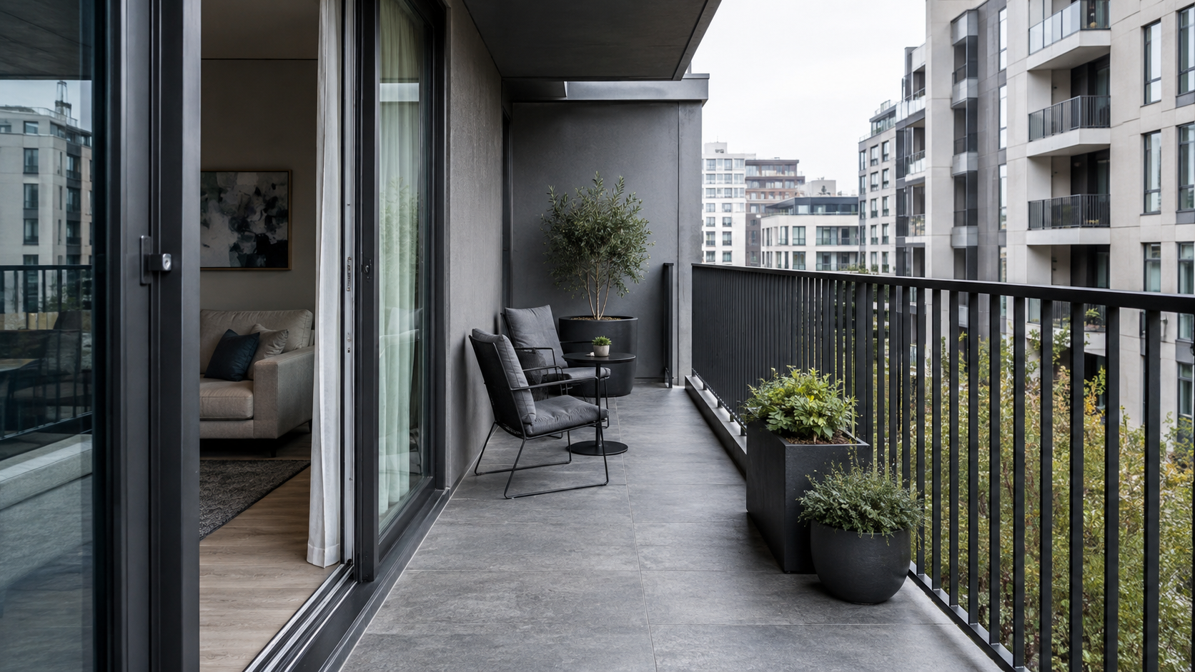 Patio Furniture - Ravnora Decor Contemporary narrow apartment balcony with compact two-seat patio furniture positioned beside a clear walking path from the sliding door.