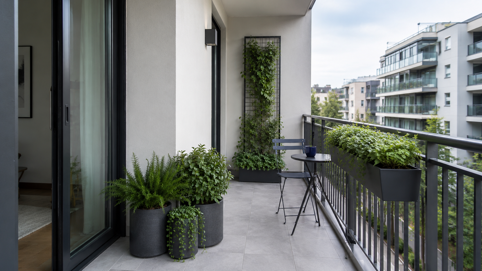 Contemporary apartment balcony using floor, railing and vertical planters while keeping the central walking path open.