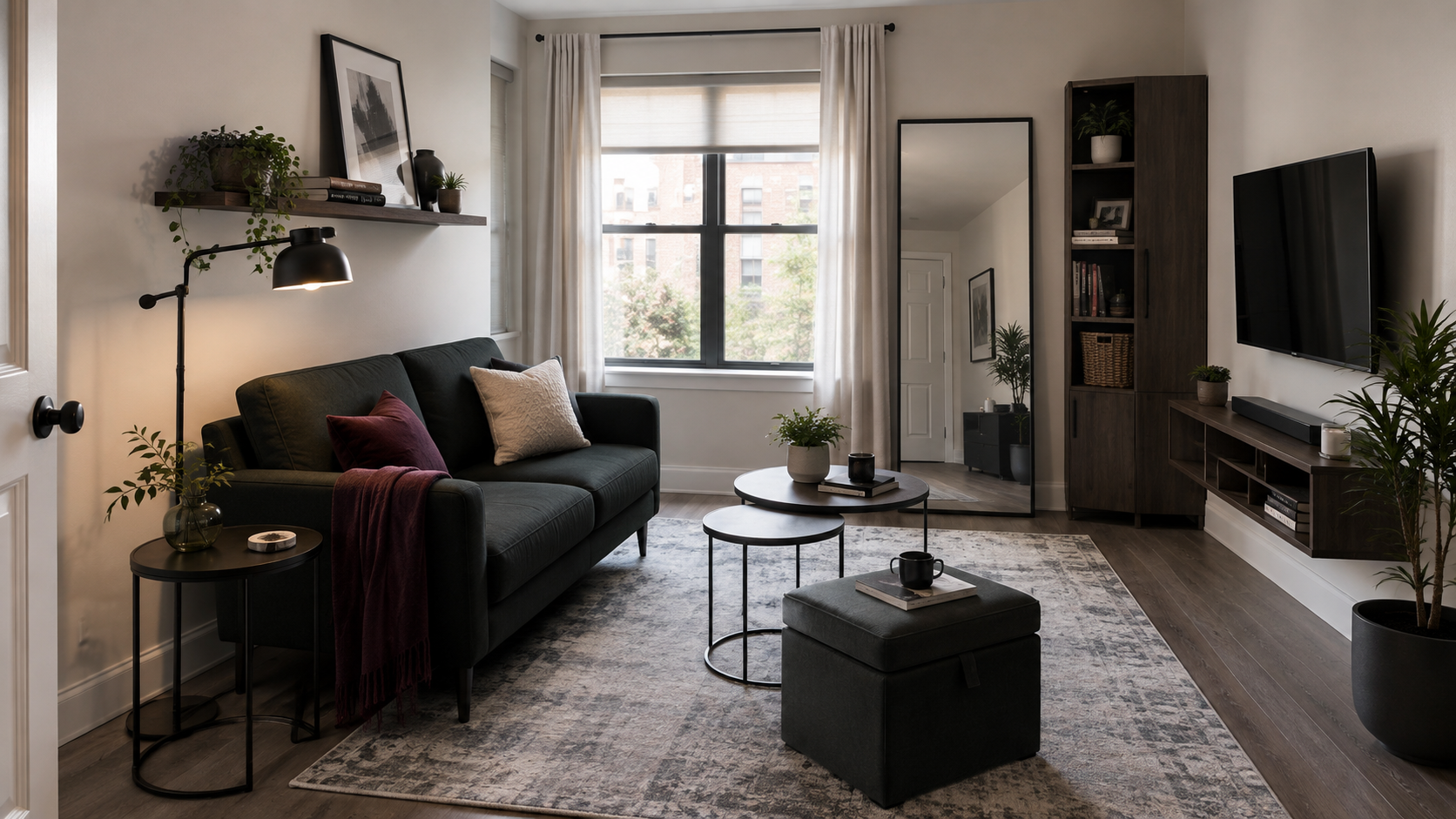 Small contemporary living room using compact furniture, vertical storage and clear circulation to maximize usable space.