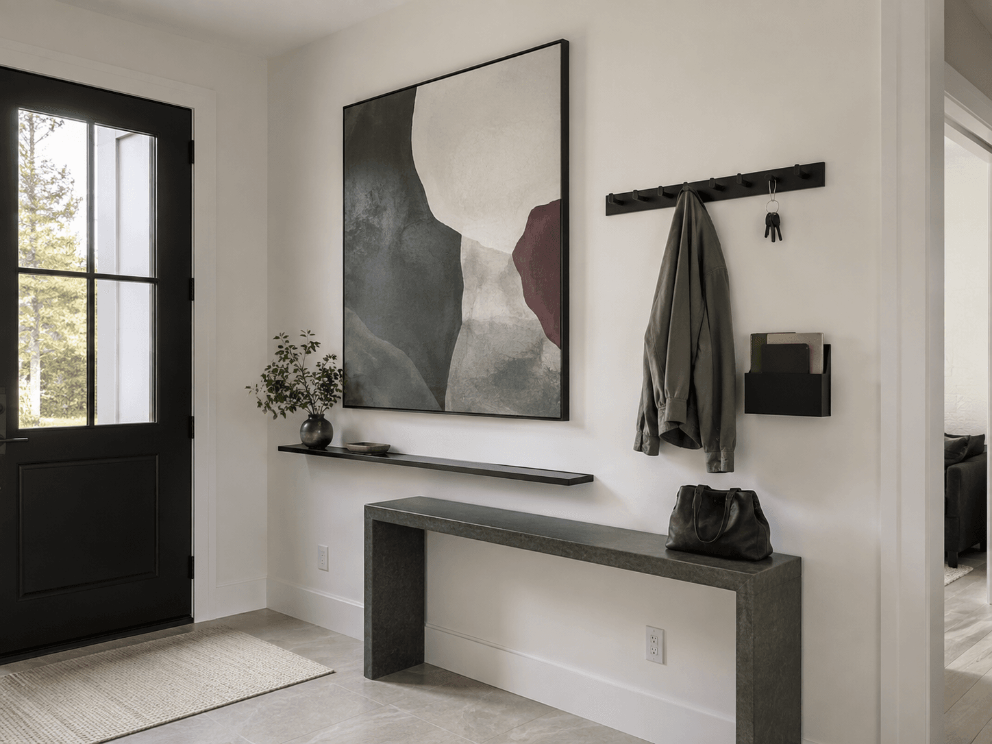 Contemporary entryway wall with large artwork, a compact arrival organizer, hooks and a clear path