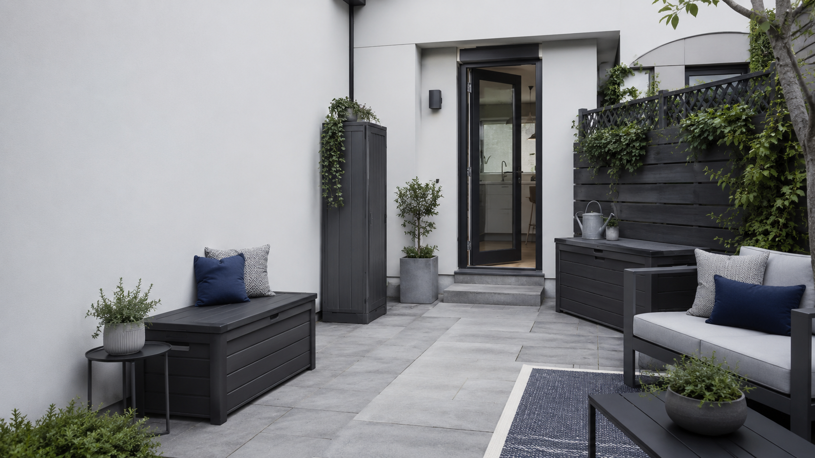 Contemporary patio with storage bench, compact deck box and tall cabinet arranged around a clear doorway and walking route.