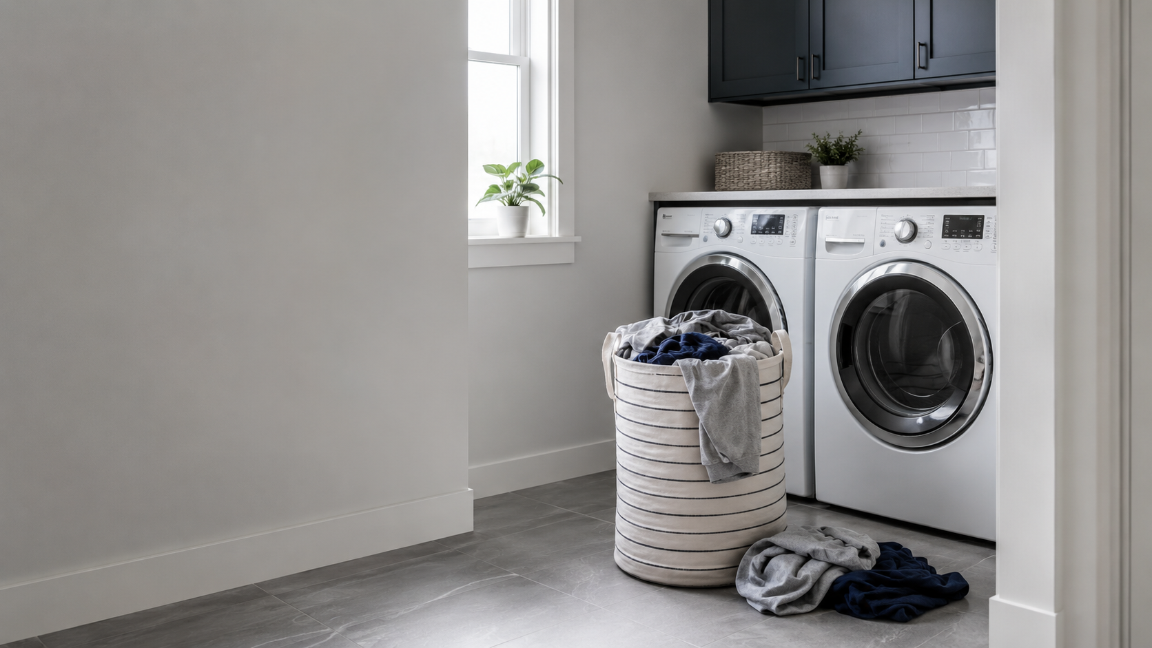Compact contemporary laundry room with an overfilled hamper showing where laundry starts to back up before washing.