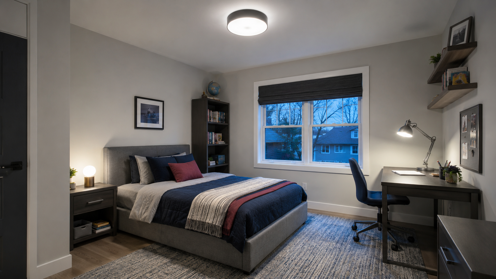 Kids bedroom showing separate ceiling, desk-task and secondary lighting layers.