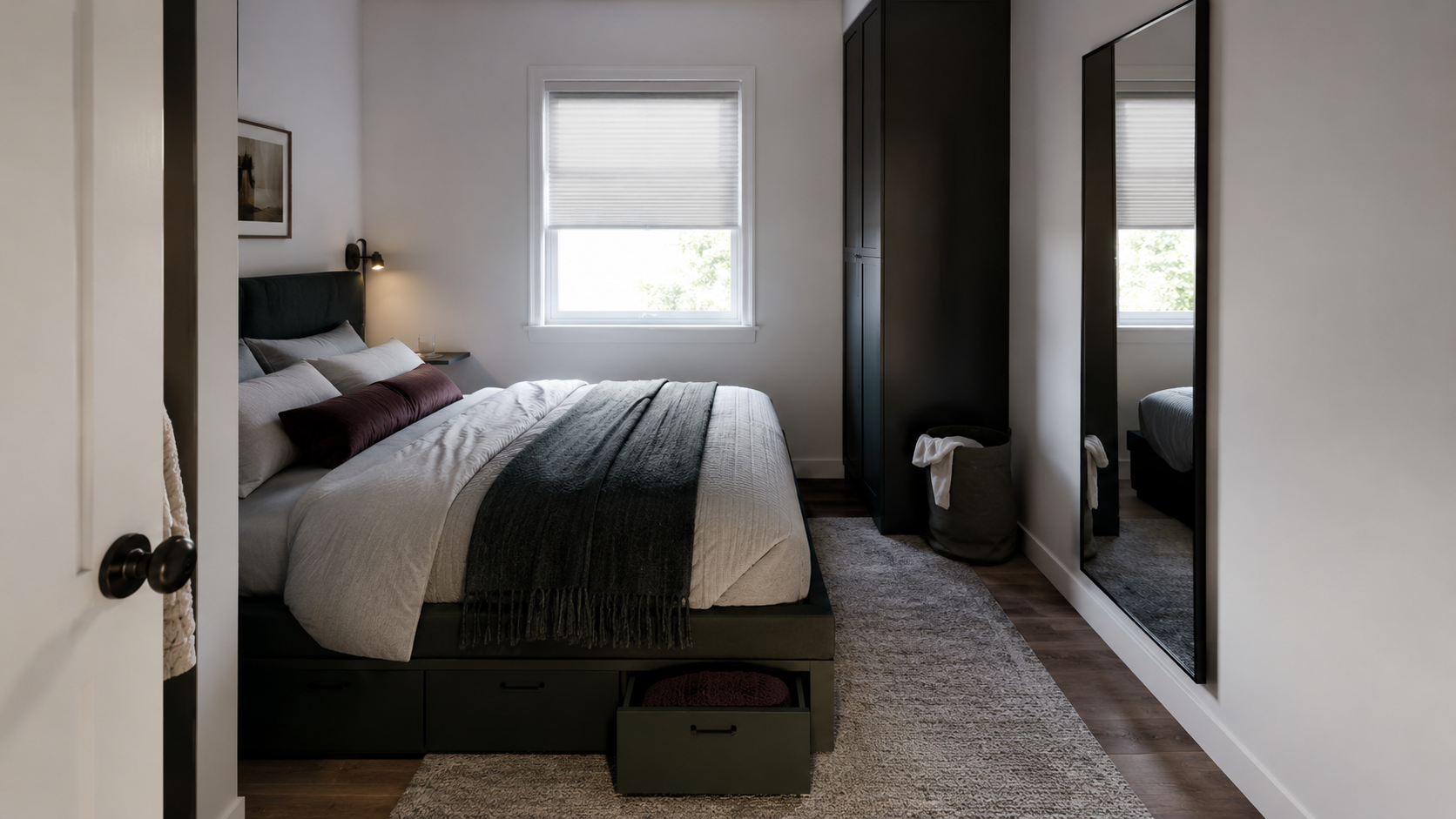 Small contemporary bedroom using compact furniture, vertical storage and clear circulation.