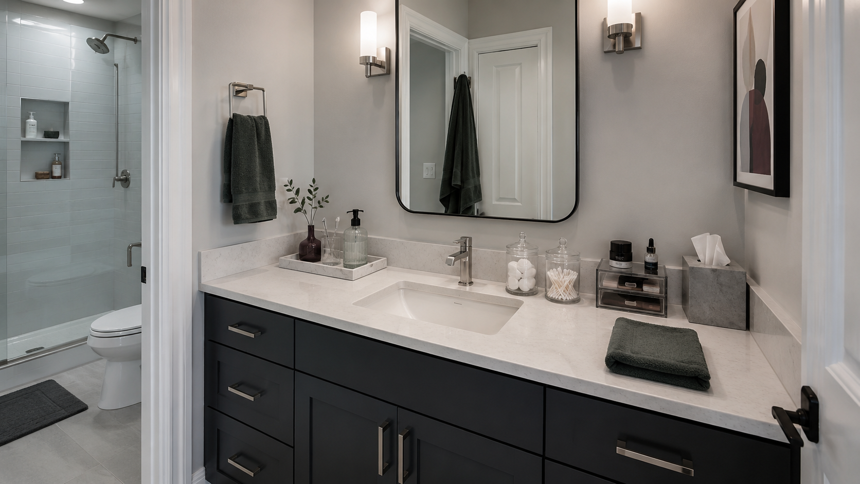 Contemporary bathroom vanity with a controlled tray, soap dispenser, jars, organizer and clear working surface