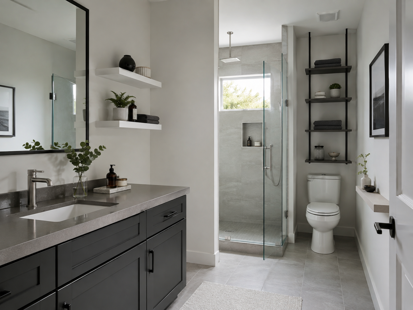 Contemporary bathroom using restrained floating, vertical and narrow-wall shelving without visual clutter