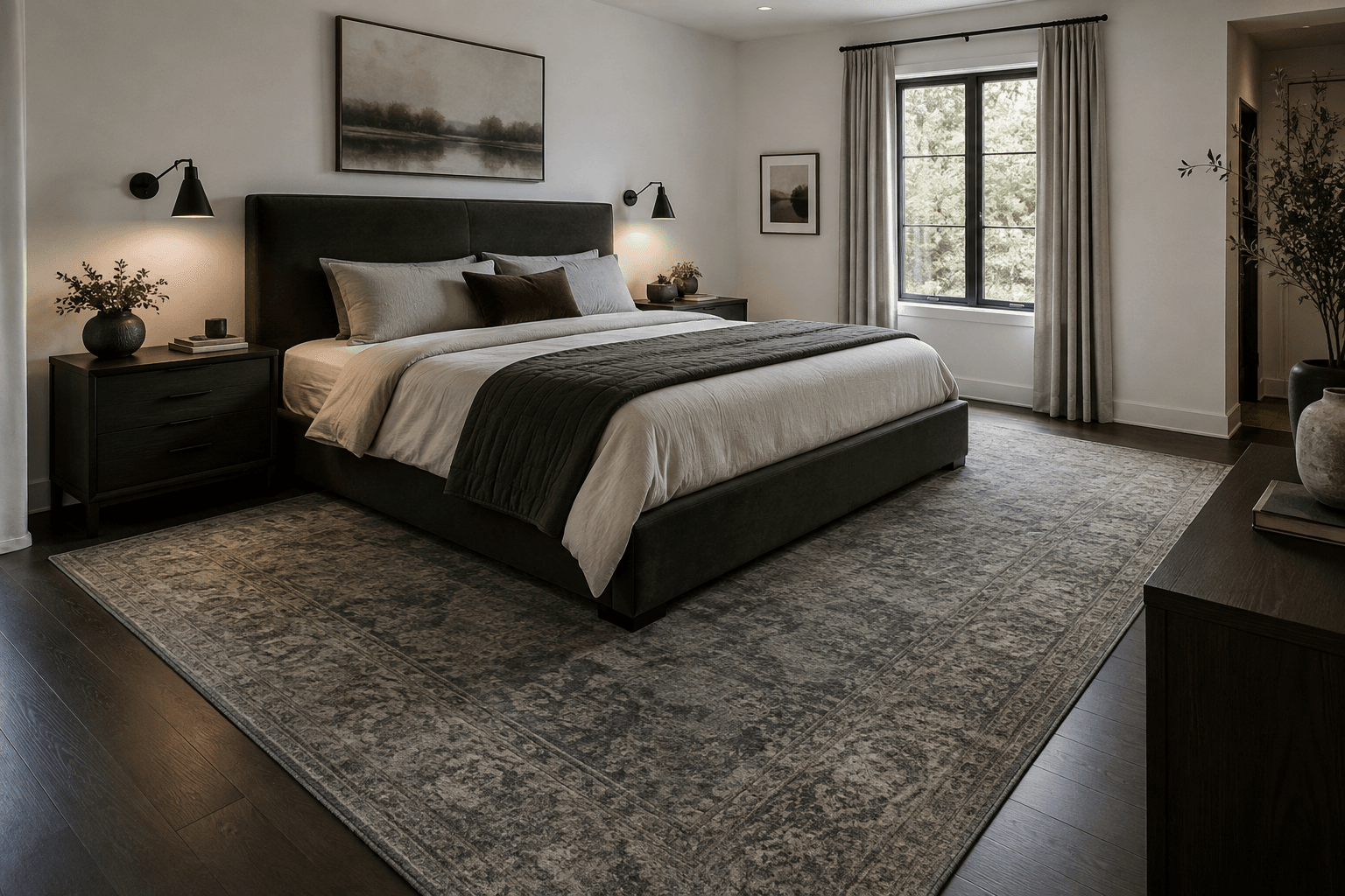Finished contemporary bedroom with a large rug visually anchoring the bed and surrounding floor.