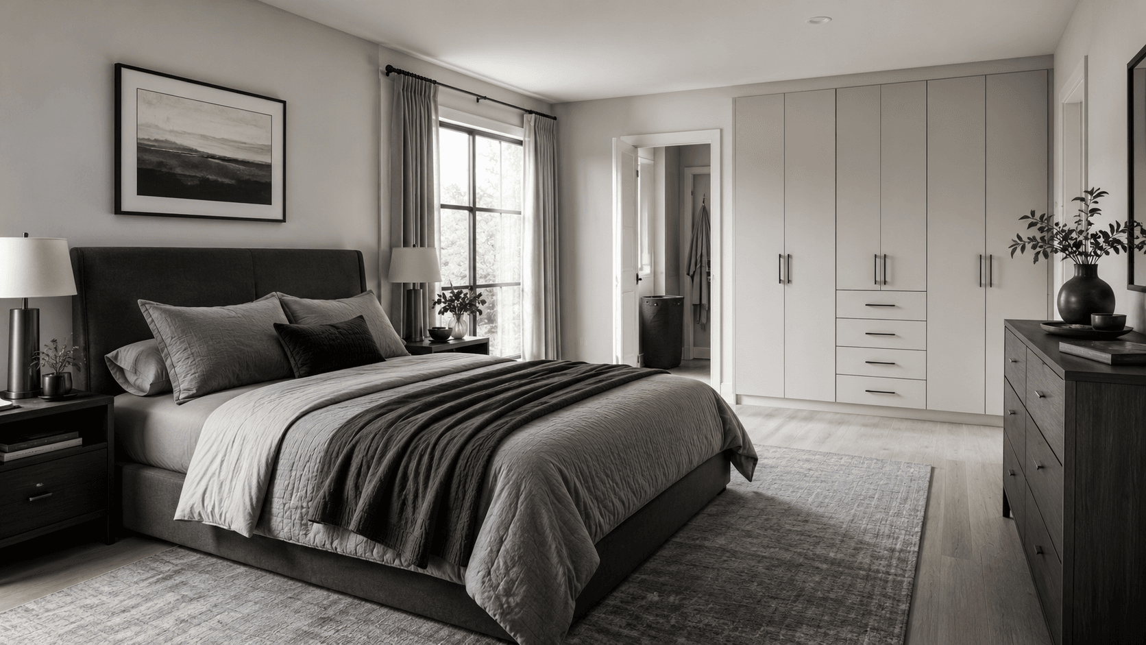 Bedroom Storage - Ravnora Decor Contemporary bedroom using substantial closed storage to reduce visible clutter.