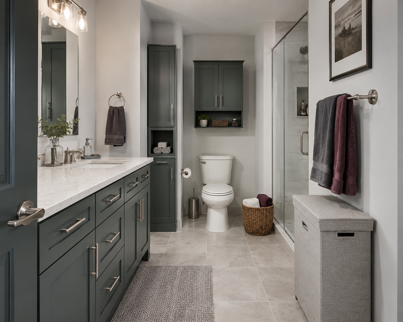 Contemporary bathroom using closed vertical storage, narrow cabinetry, towel storage and a lidded hamper while maintaining clear floor space.