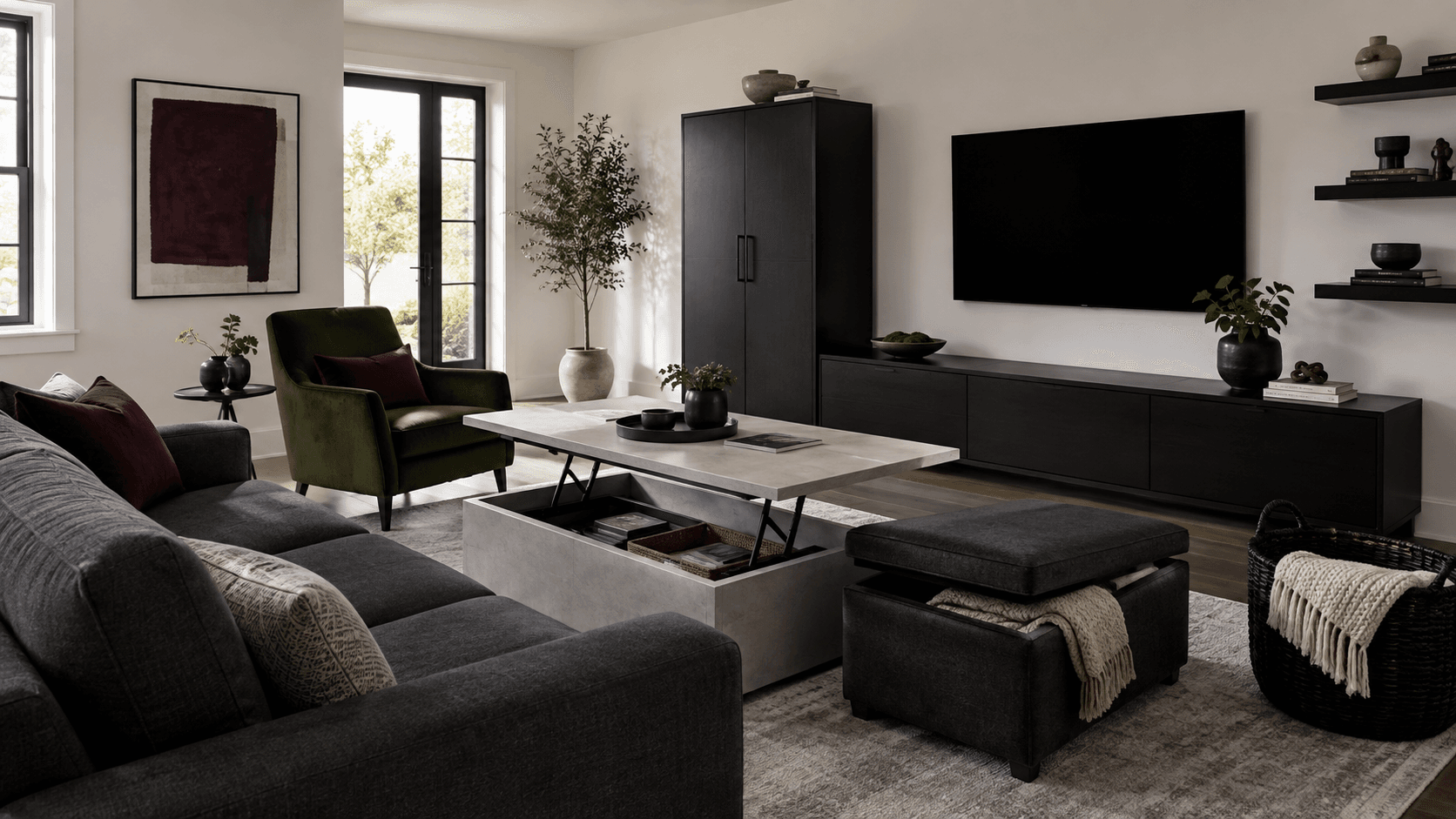 Living Room Storage - Ravnora Decor Organized contemporary living room combining closed storage, hidden furniture storage, wall storage and baskets while preserving open circulation.
