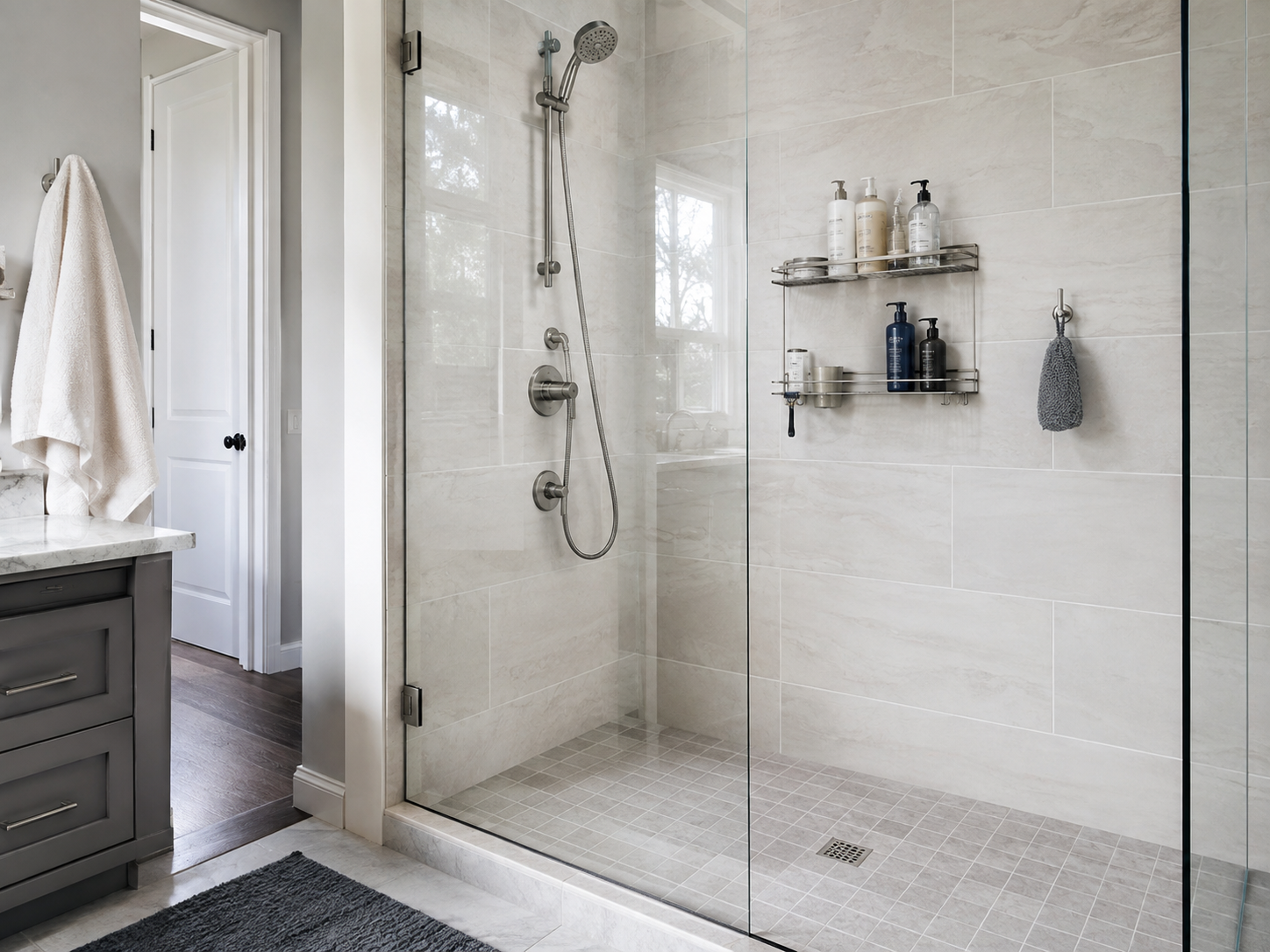 Organized contemporary walk-in shower with wall storage, clear floor space and restrained daily shower products.