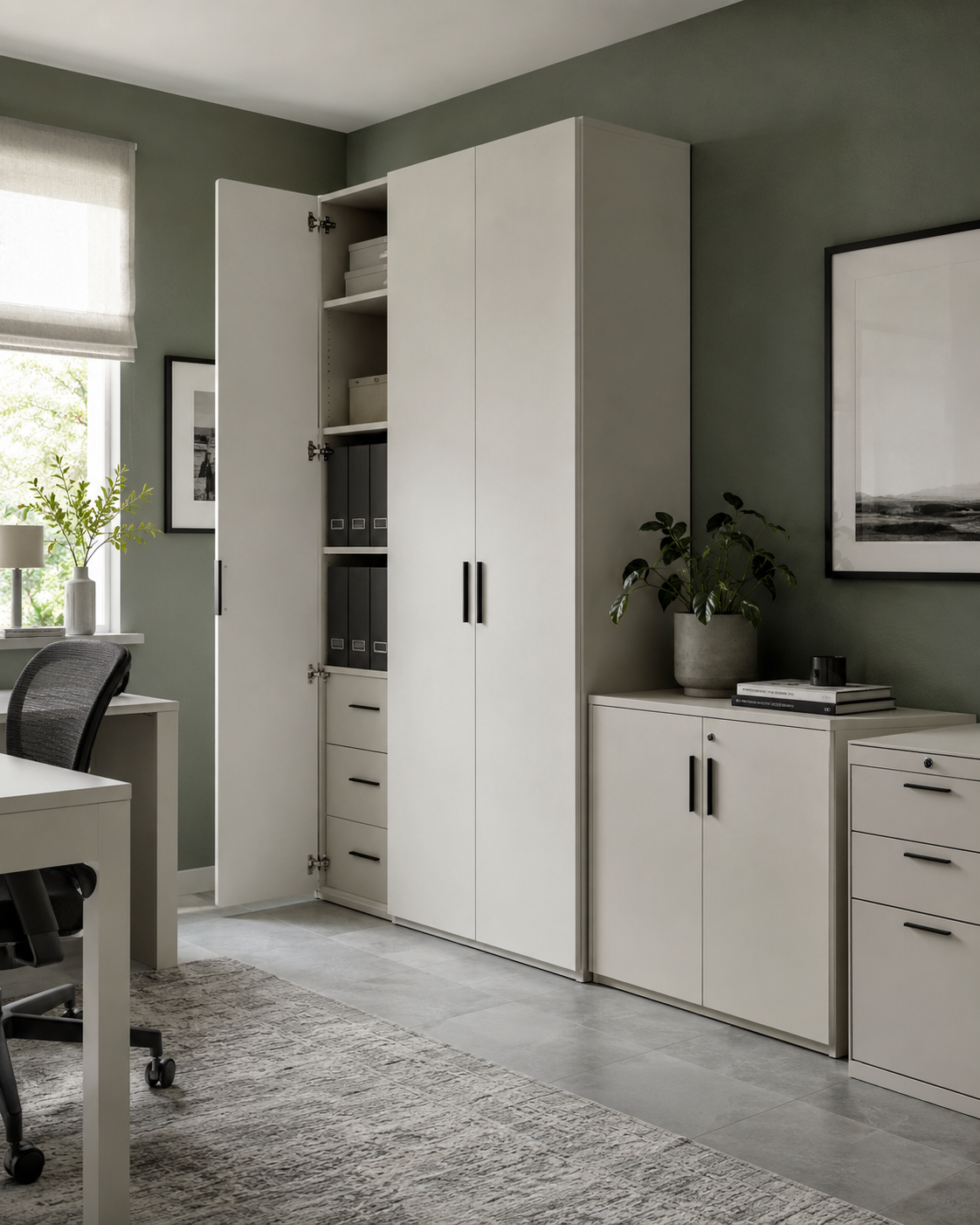 Home office with tall closed cabinets and lower concealed storage for an organized archive