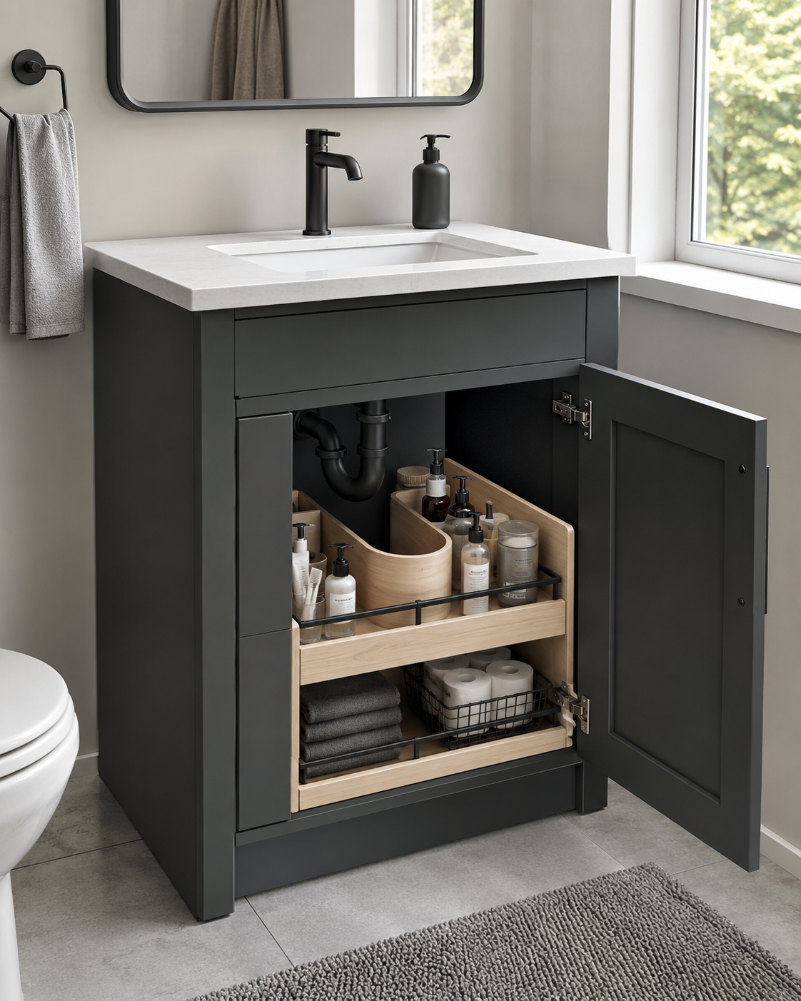 Adjustable under-sink organization fitted around bathroom plumbing