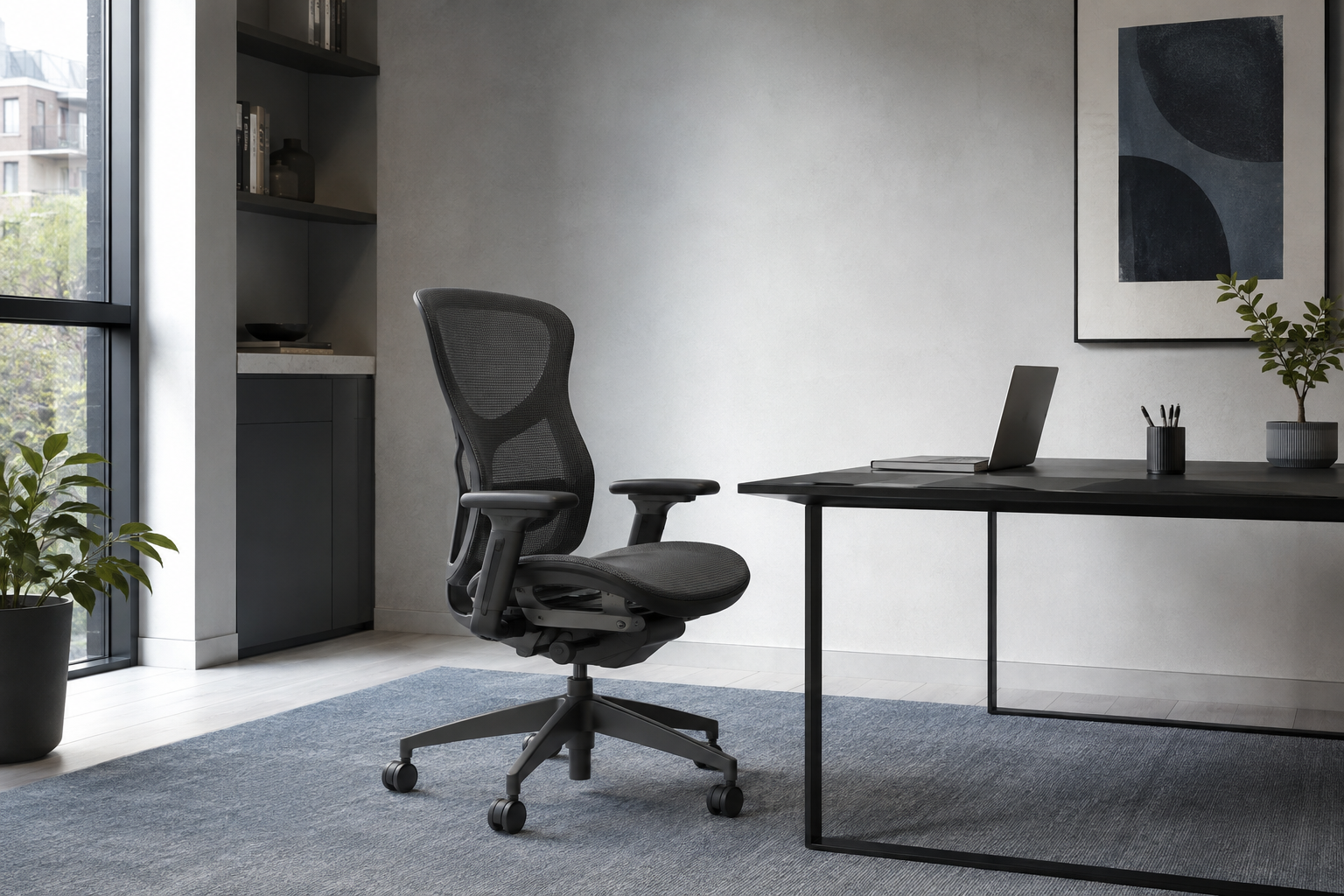 Contemporary home office with a graphite ergonomic chair beside a modern desk