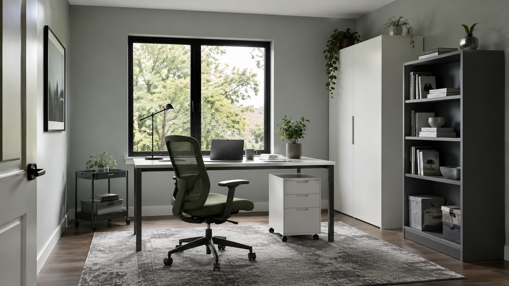 Contemporary home office with closed cabinet, bookcase, rolling cart and mobile file storage