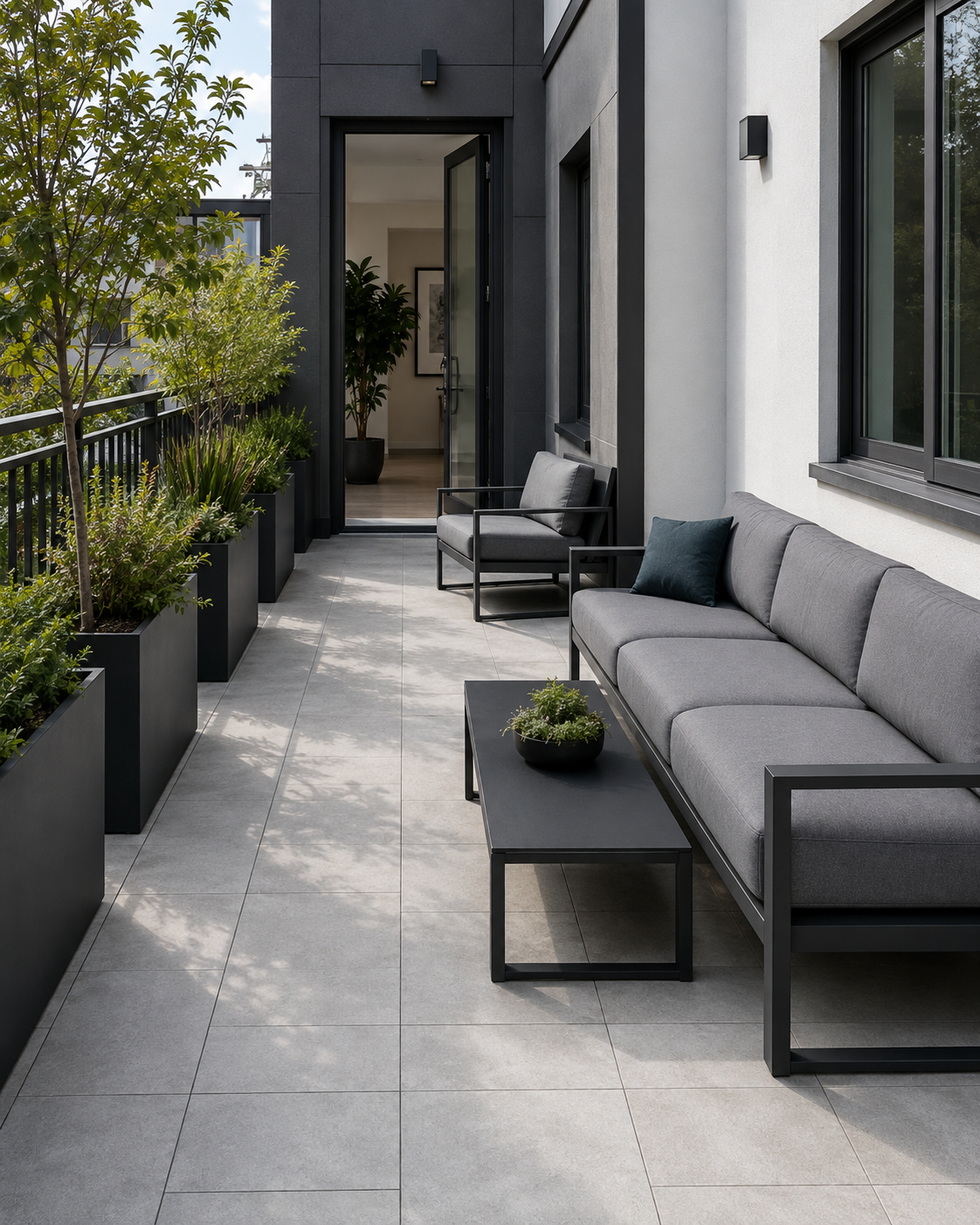 Patio Furniture - Ravnora Decor Modern gray outdoor sofa and coffee table arranged along one side of a narrow patio, leaving a continuous clear walking path from the open doorway.