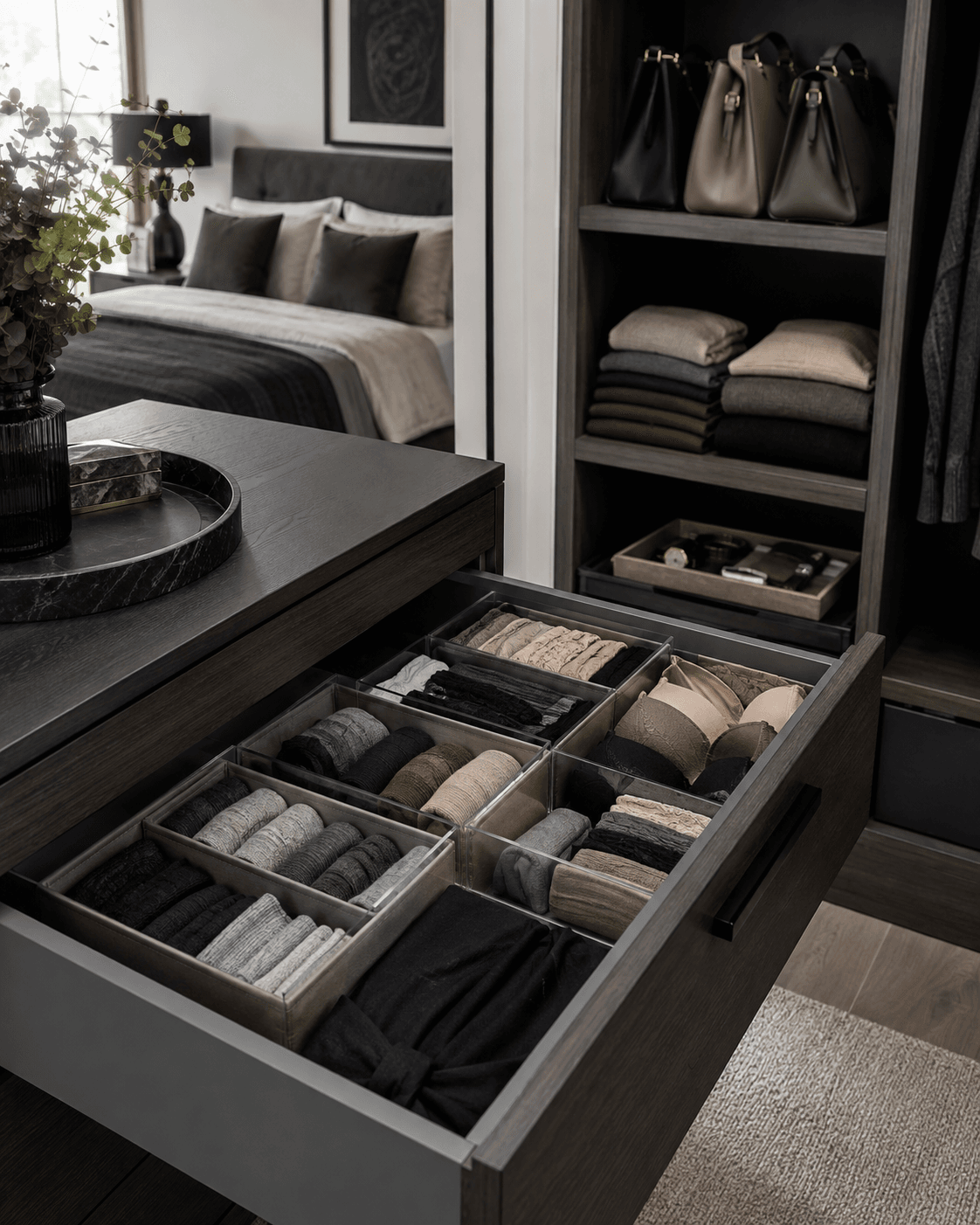 Bedroom Storage - Ravnora Decor Organized bedroom drawer and closet shelf using dividers and compartment storage.