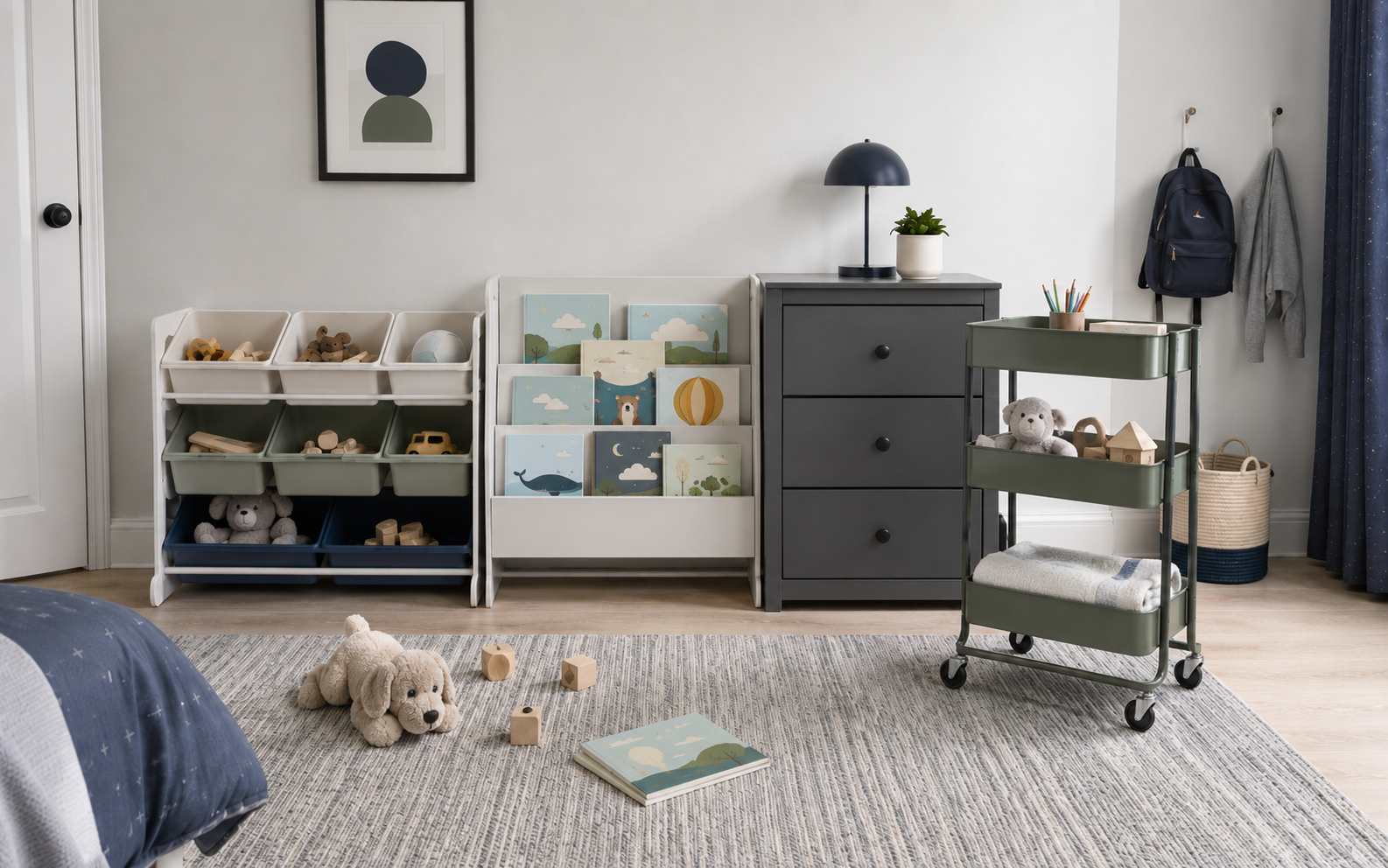 Kids Room Storage - Ravnora Decor Kids room with books, toy bins, drawers and a rolling cart arranged as distinct return zones.