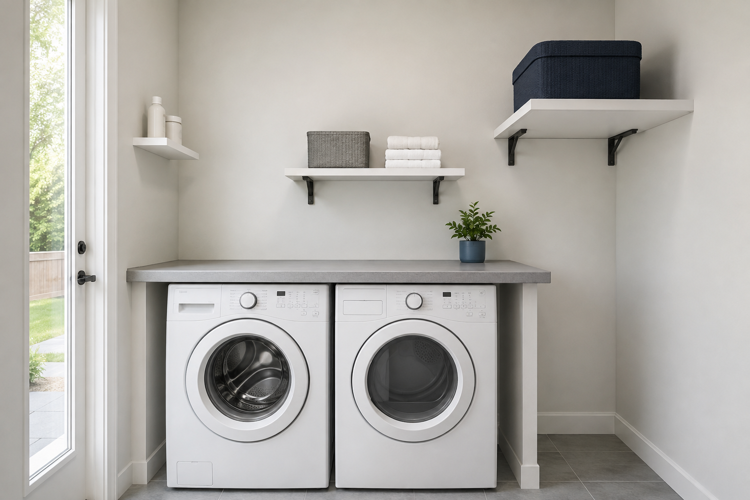 Laundry room comparing shallow, medium and deeper shelf projections above one two-appliance work area.