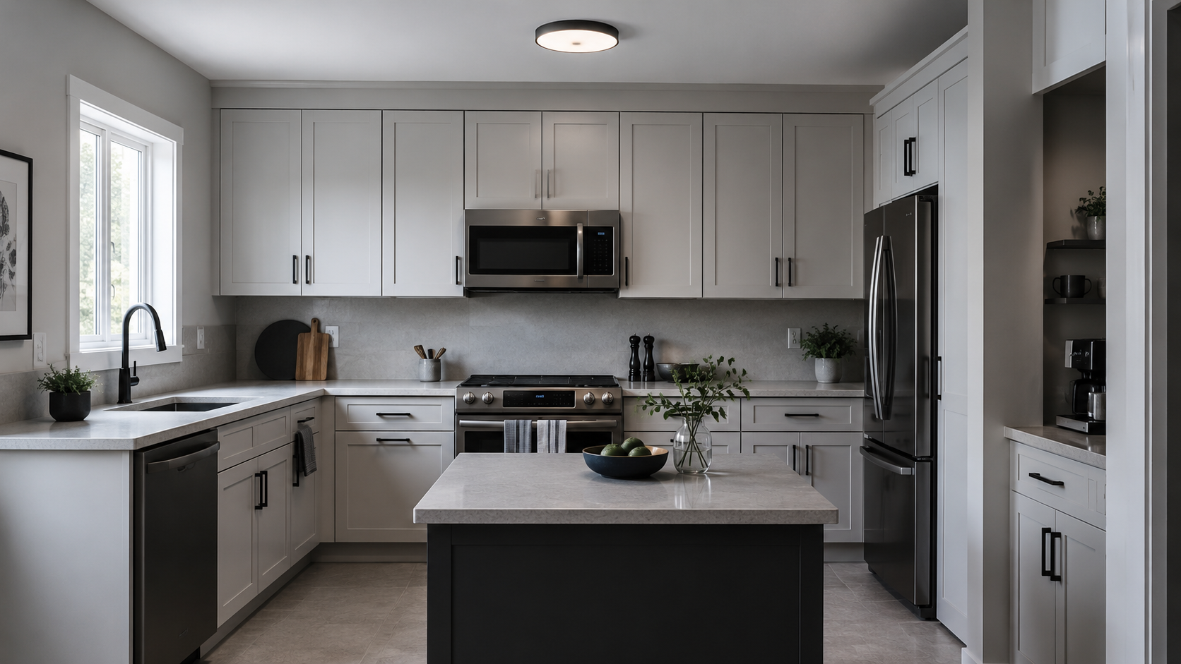 Kitchen illuminated mainly by general ceiling light with work counters comparatively shadowed.