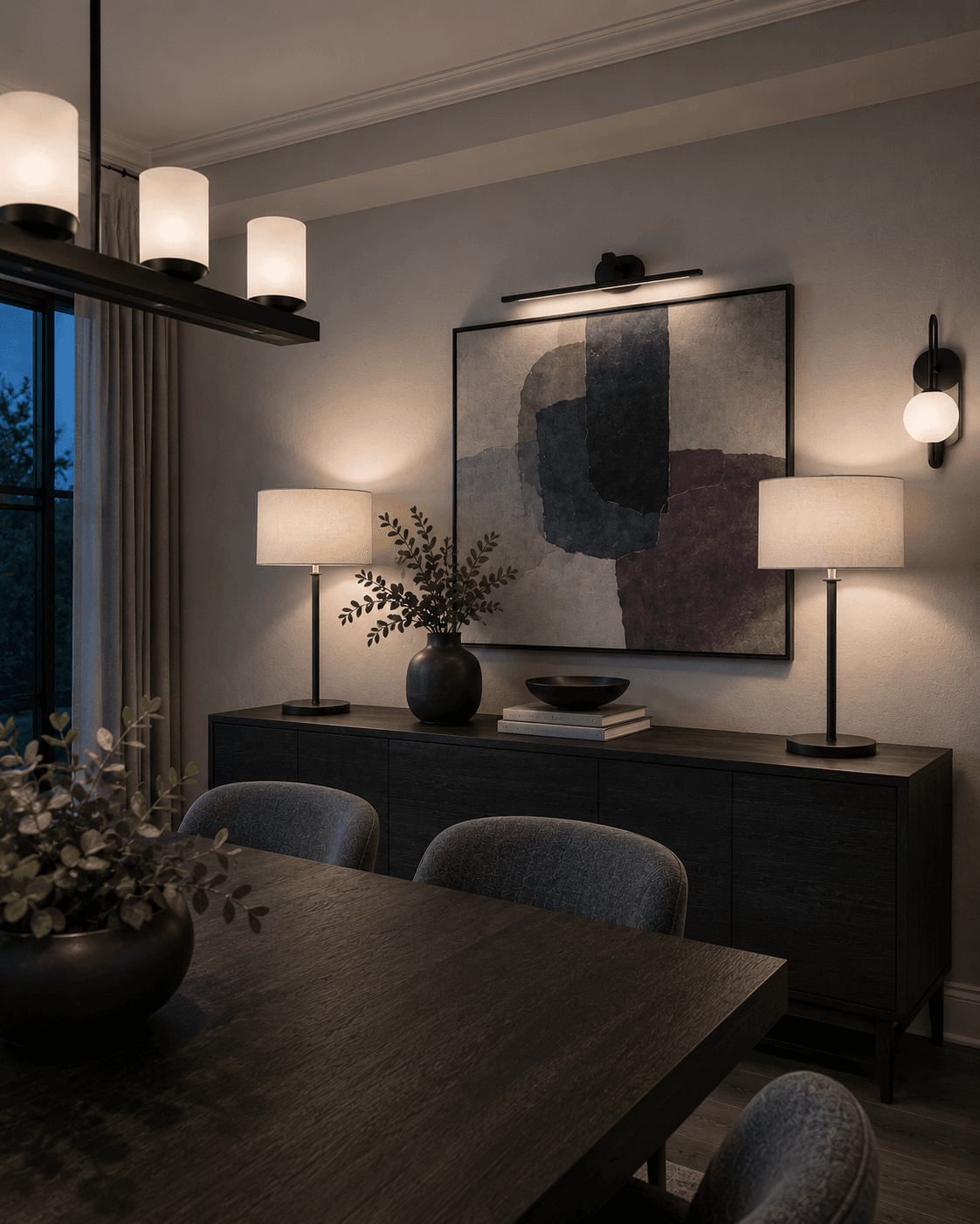 Dining sideboard layered with buffet lamps and a secondary wall light.