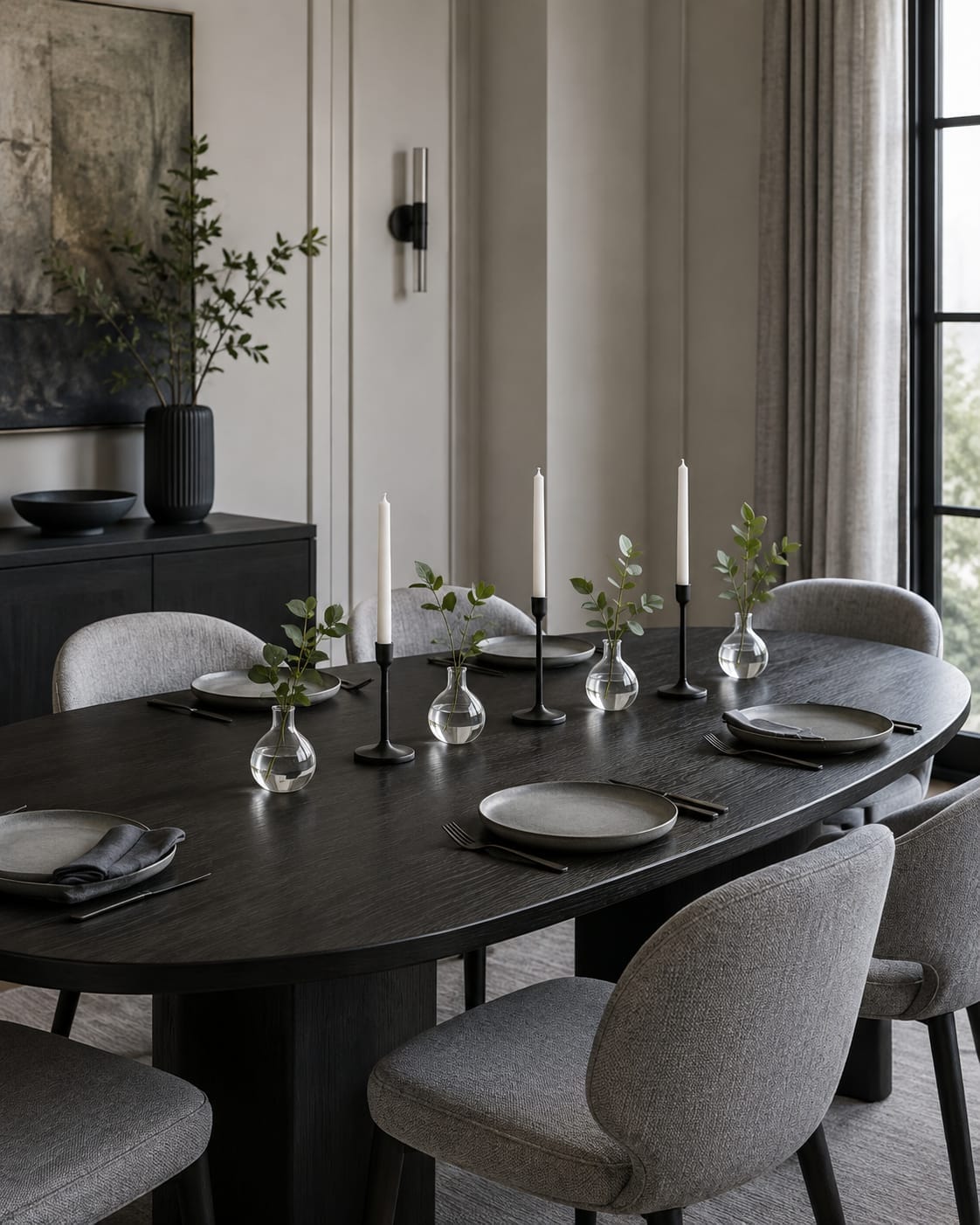 Dining Table Decor - Ravnora Decor Long dining table with repeated low bud vases and slim taper holders