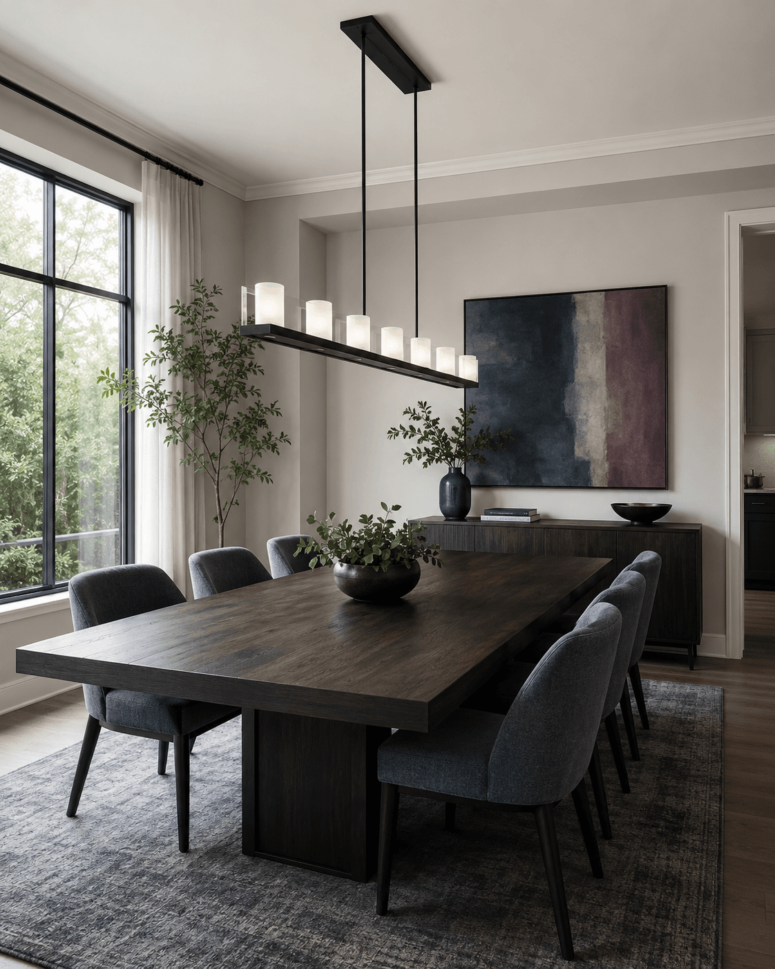 Linear chandelier aligned with a long rectangular dining table.