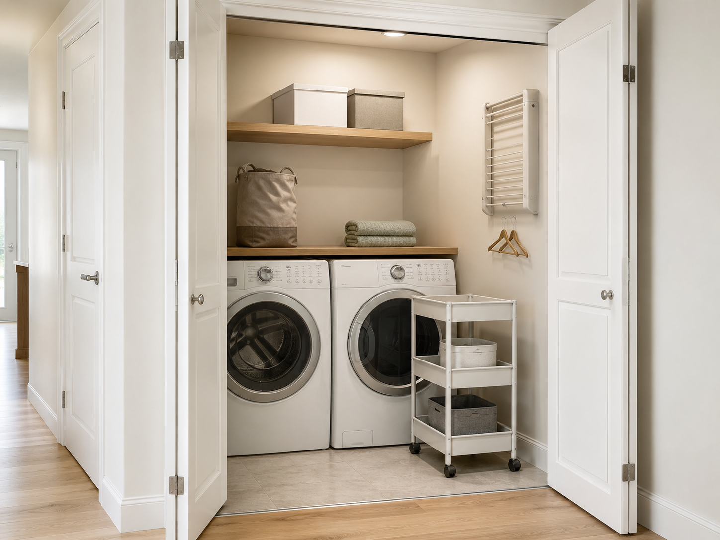 Hallway laundry closet with side-by-side appliances, a removable three-tier cart and a folded wall-mounted drying rack.