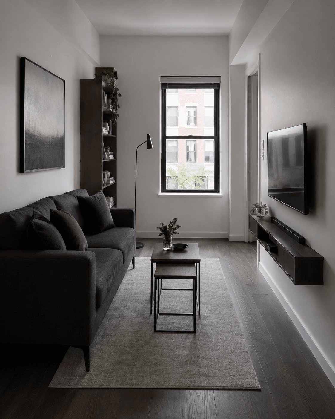 Narrow small living room using shallow furniture and a clear lengthwise circulation route.