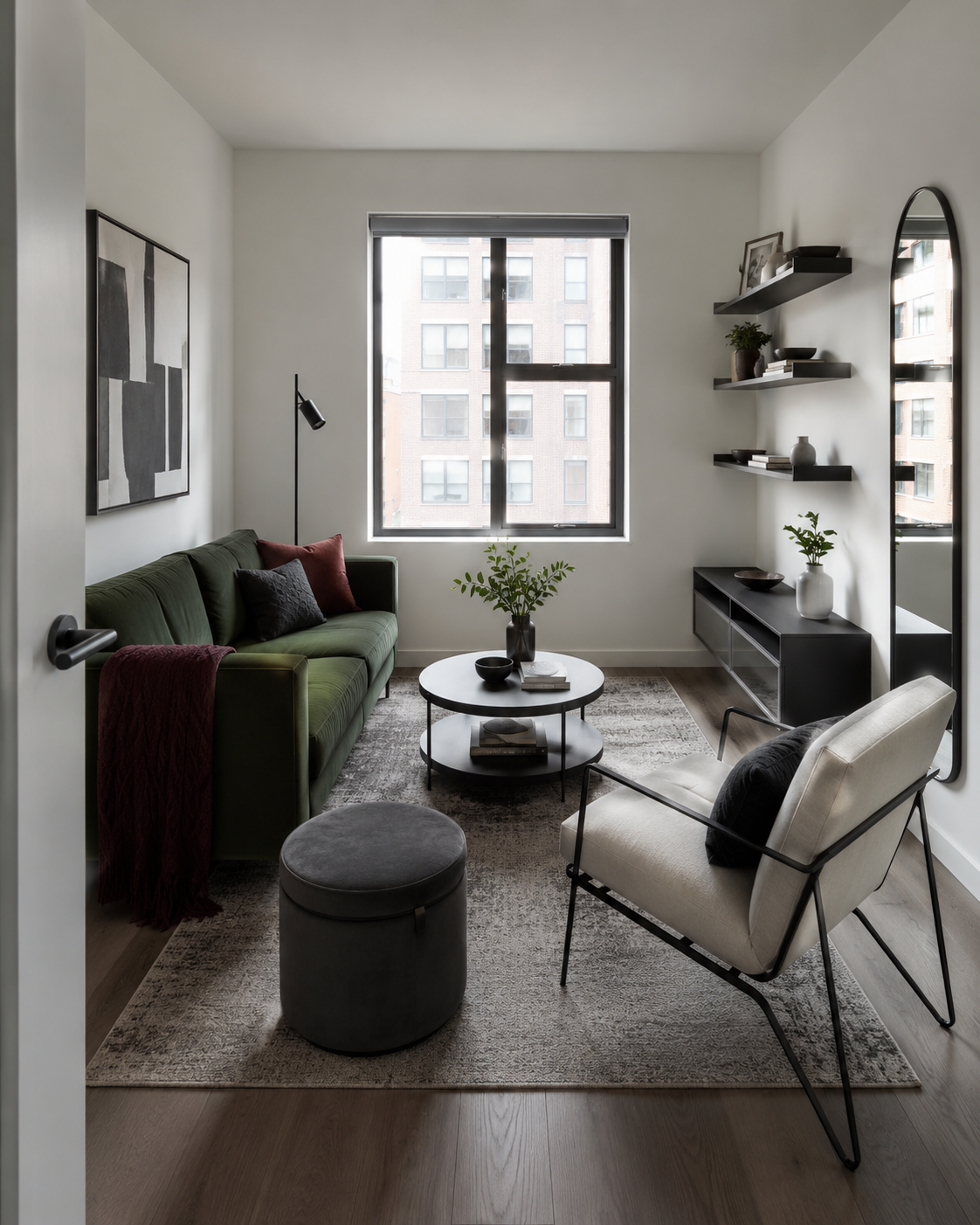 Square compact living room arranged around a small central conversation zone while preserving open floor area.