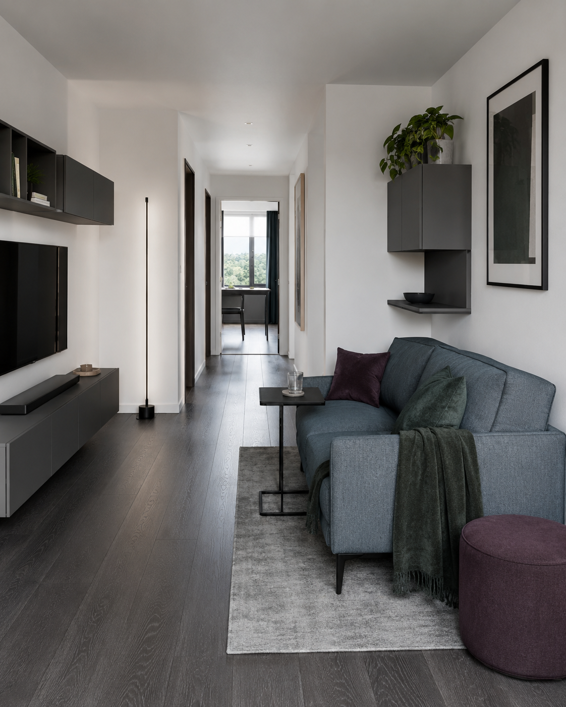 Small pass-through living room positioned so the seating area does not obstruct the main walking route.