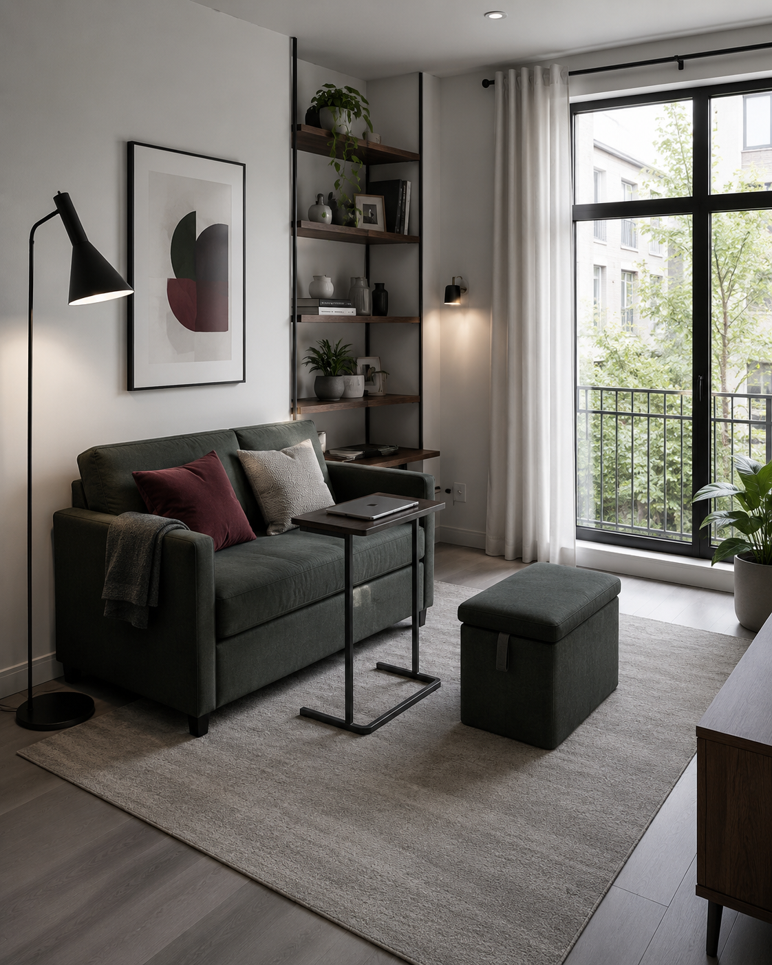 Multifunction small living room combining compact seating, work surface, storage and guest flexibility.