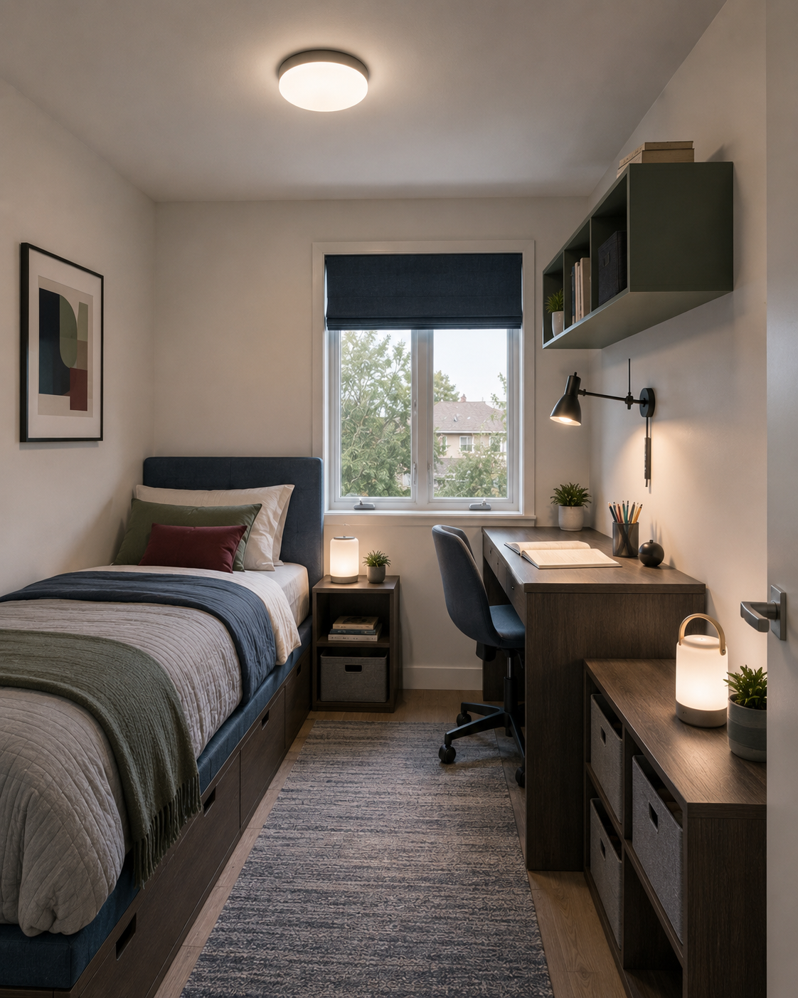 Small kids room layered with a ceiling fixture, wall task light and compact secondary light.