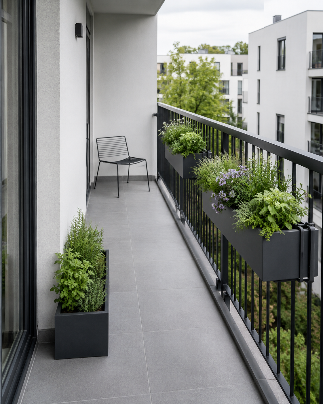 A restrained line of modern railing planters and a narrow herb box green a balcony while keeping the walking floor clear.