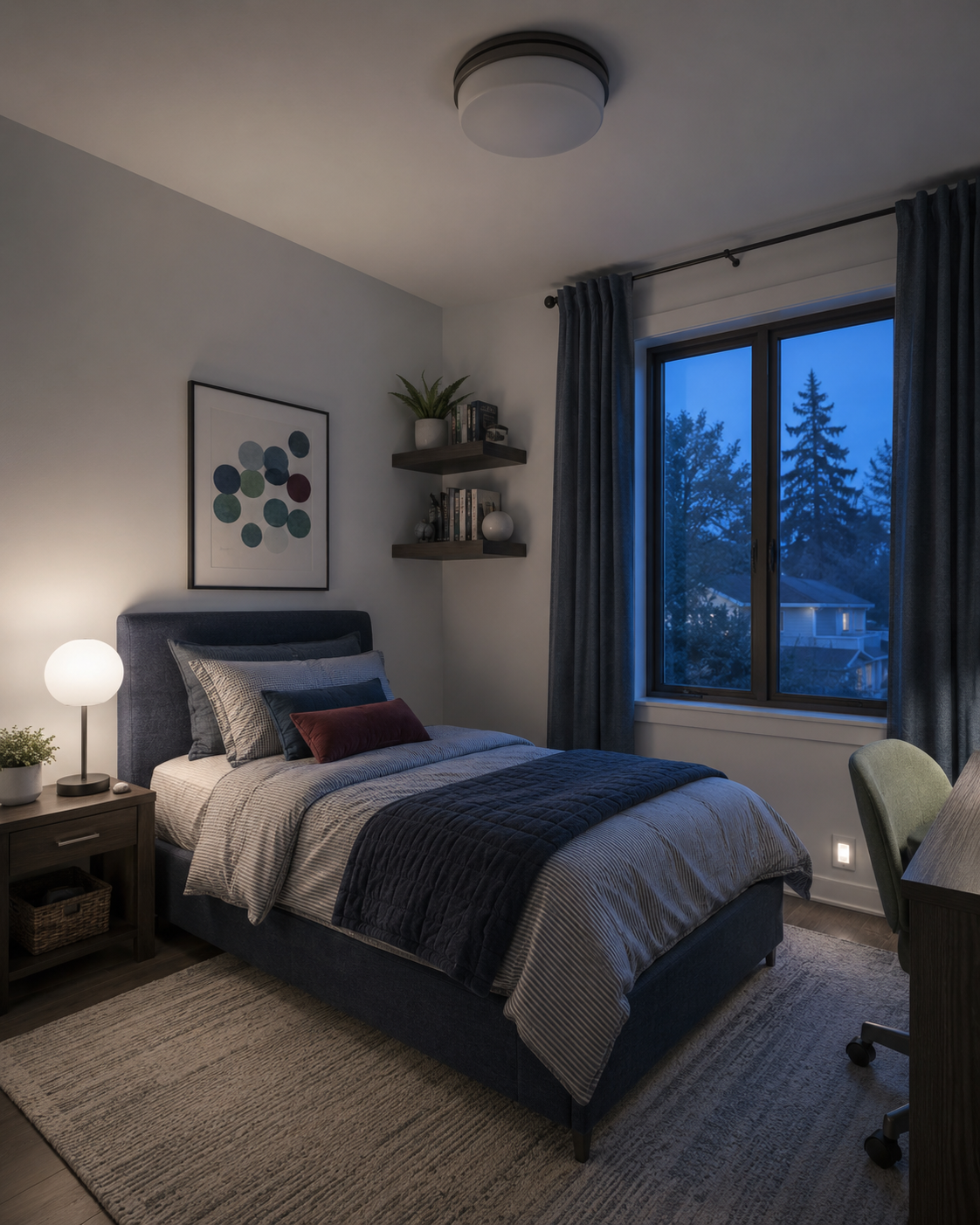 Kids bedroom at early evening using localized secondary light while the brighter task layer is off.