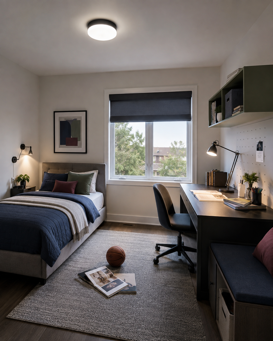 Kids bedroom using a ceiling light and focused desk lamp for a study-and-ambient lighting route.