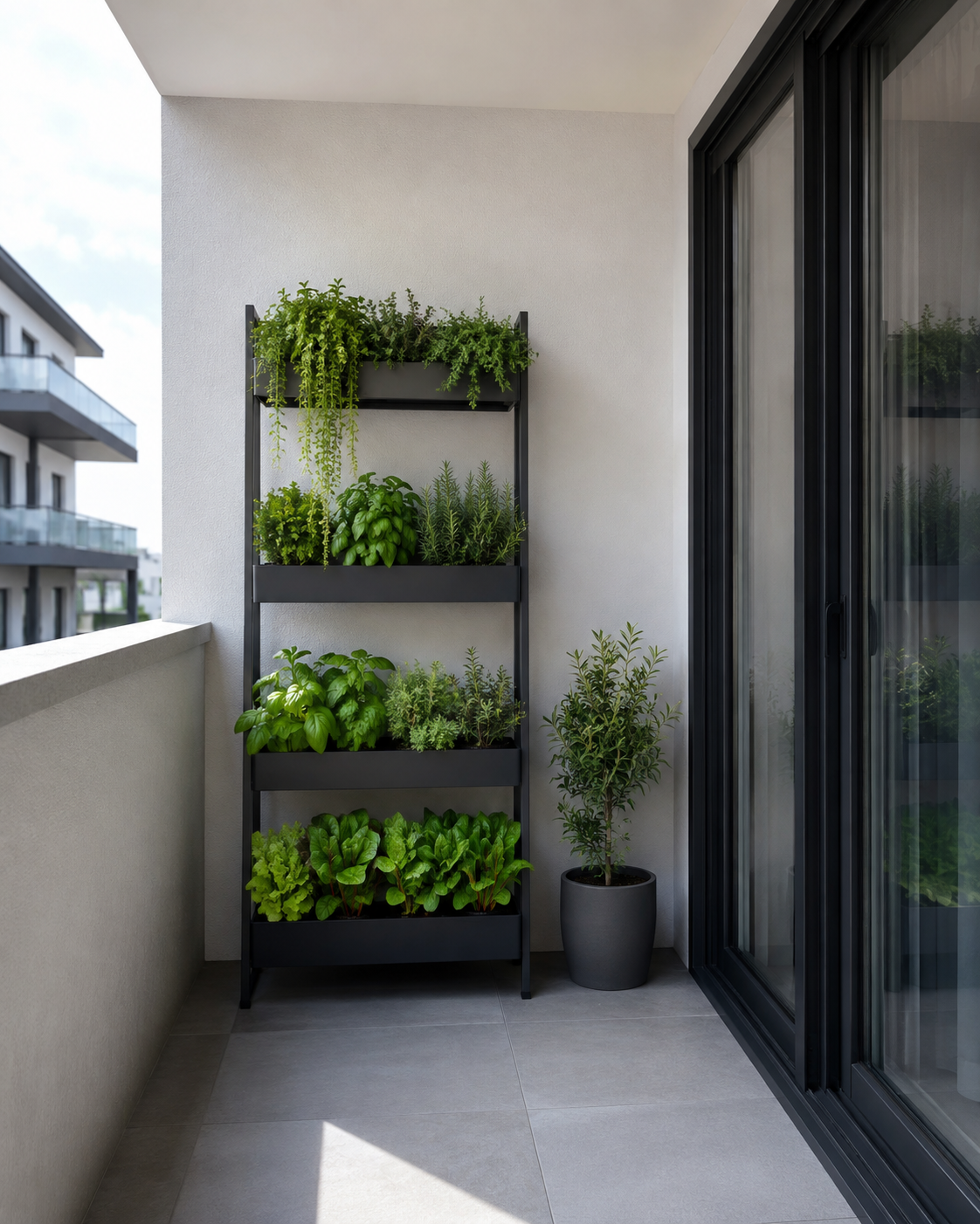 A freestanding vertical garden organizes multiple plants upward on a narrow contemporary balcony.