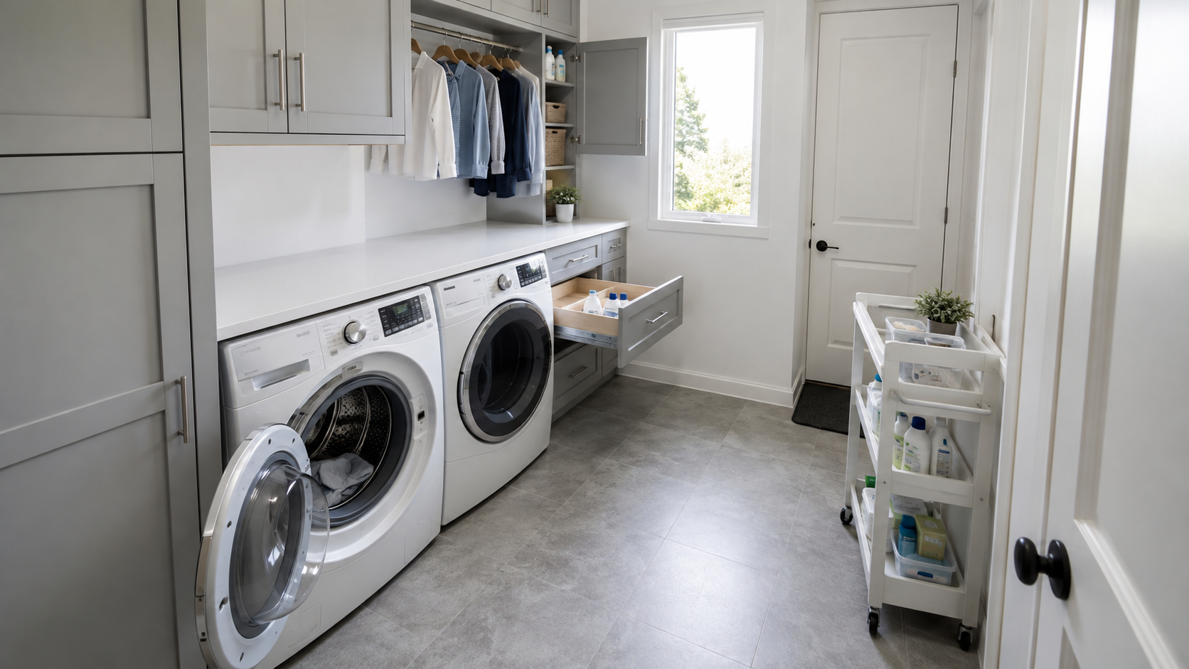 Laundry room with appliance door, cabinet, drawer and rolling cart open together to demonstrate operating clearance.