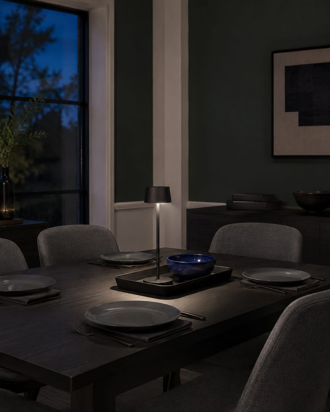 Dining Table Decor - Ravnora Decor Modern dining table at night with compact cordless table lighting
