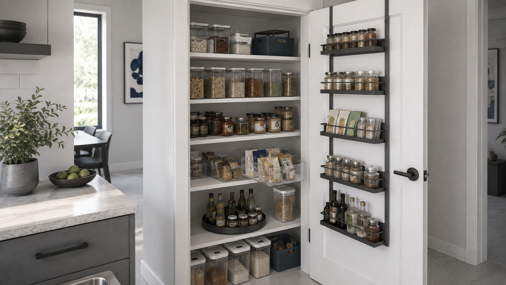 Kitchen Pantry Organization - Ravnora Decor Open pantry demonstrating door clearance, pull-forward bin access, container opening space and rotating-organizer clearance.