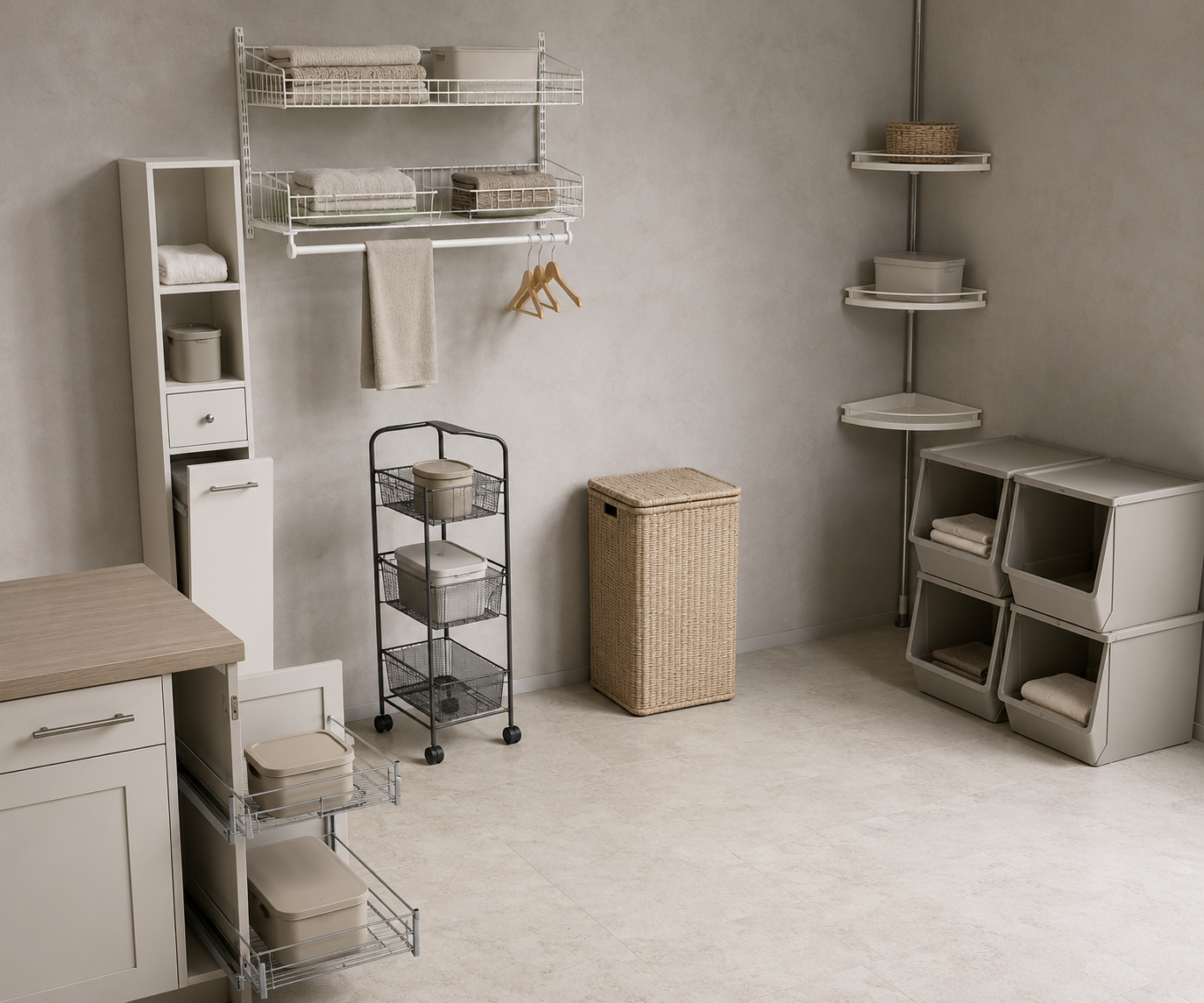 Laundry storage moodboard with a rolling cart, wall baskets, narrow cabinet, pull-out organiser, slim hamper, stackable bins and corner shelves.