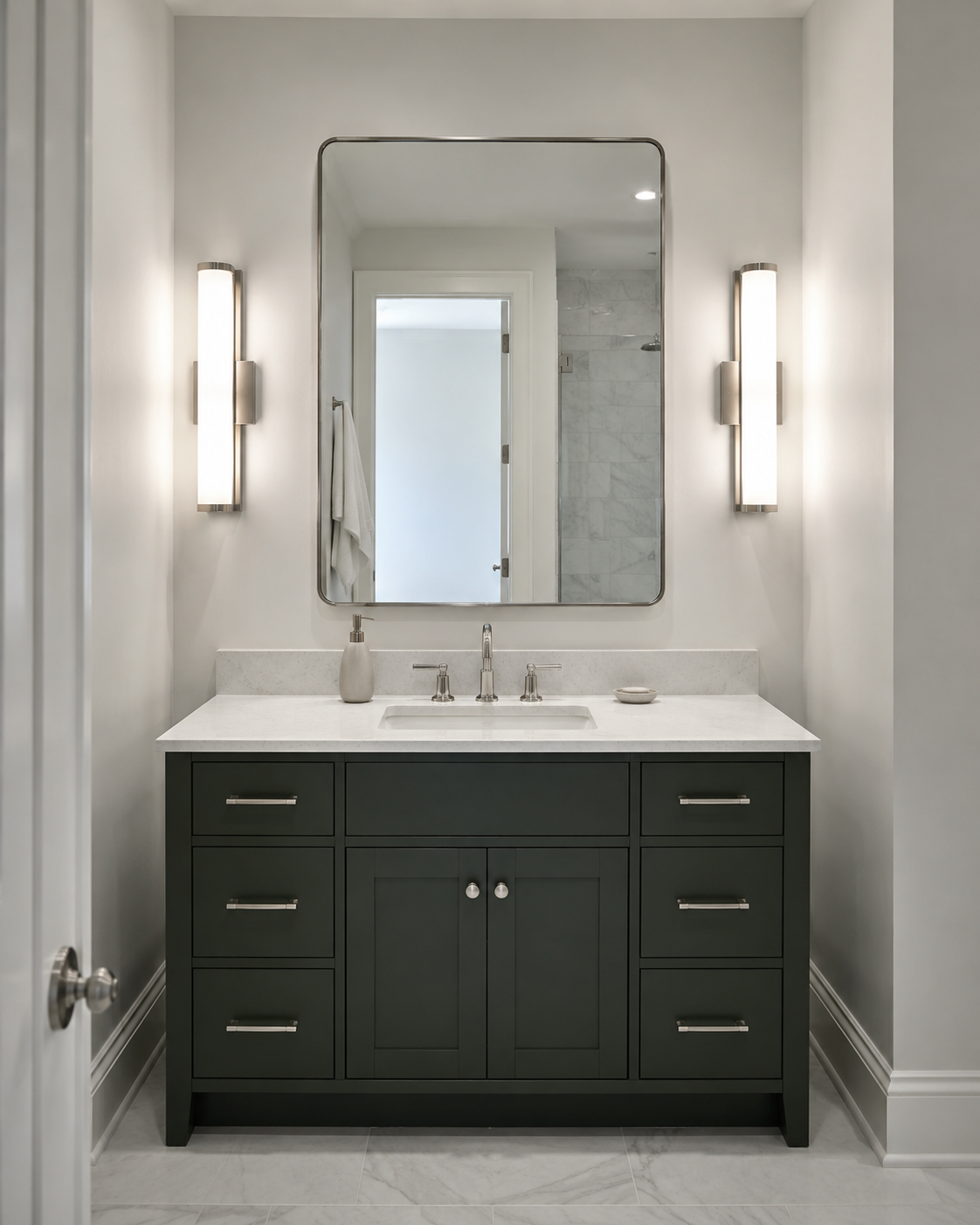 Bathroom vanity using paired vertical sconces beside the mirror