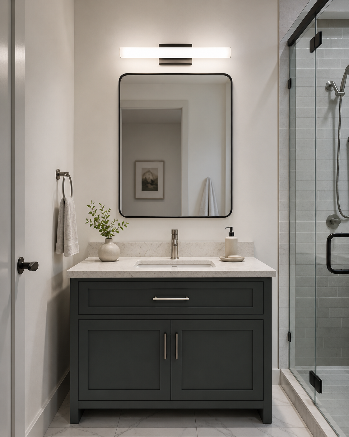 Contemporary vanity using a diffused light fixture above the mirror
