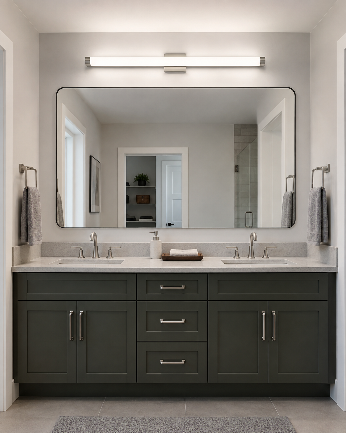 Double vanity using a wide diffused linear fixture for even mirror coverage