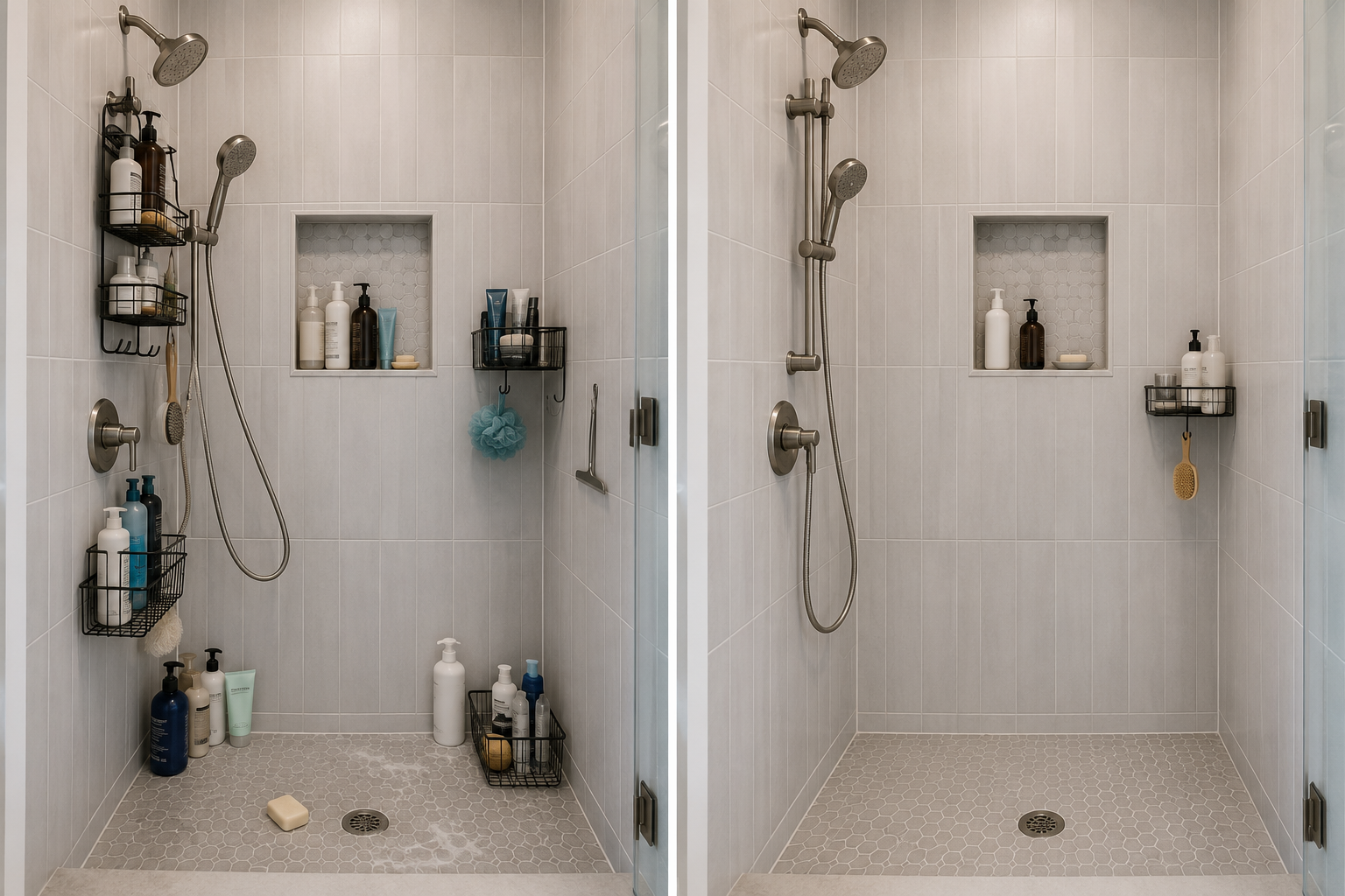Side-by-side shower comparison showing scattered organizers and floor bottles versus one controlled organizer and a clear floor.