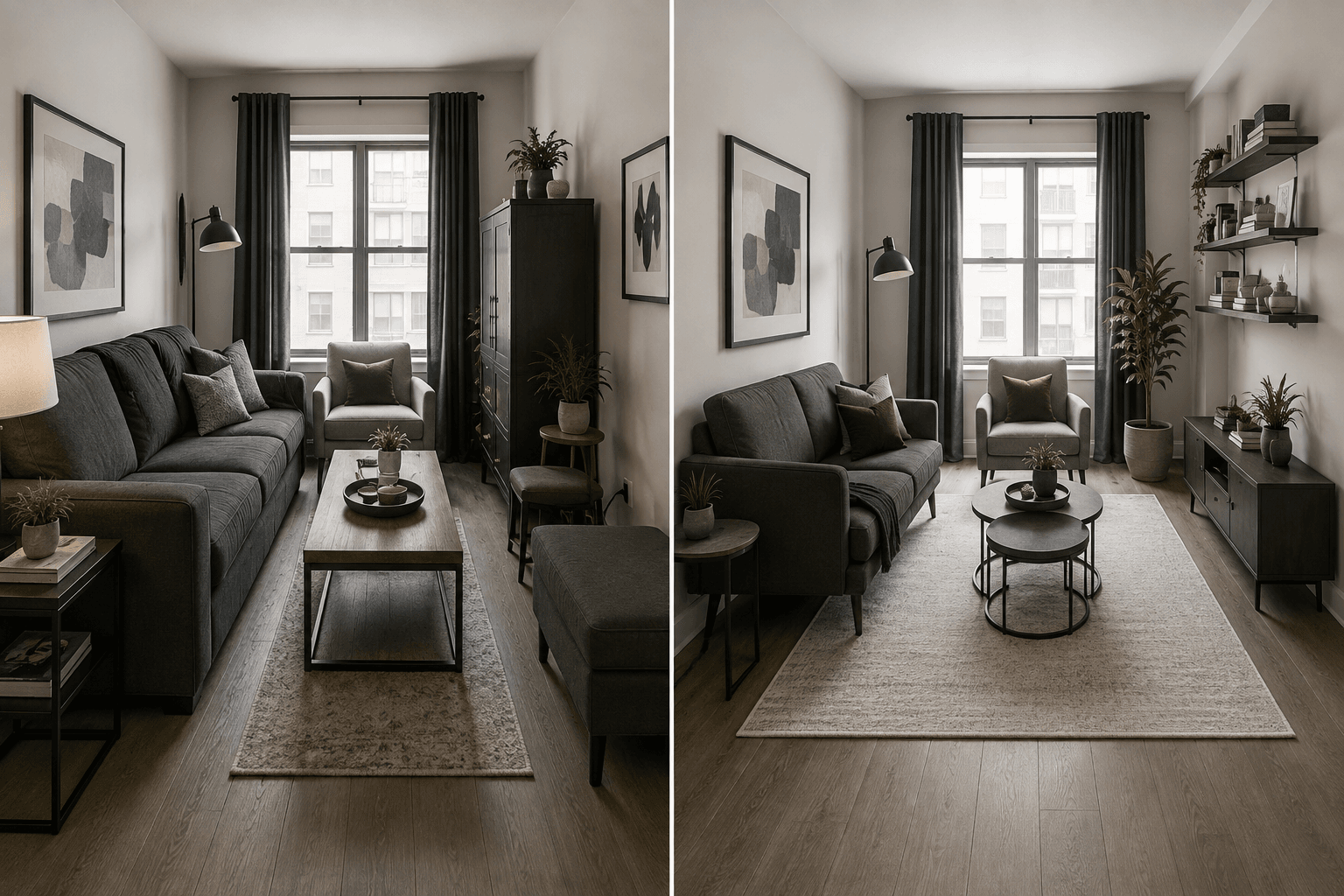 Before and after comparison showing how smaller multifunction furniture and vertical storage improve a compact living room.