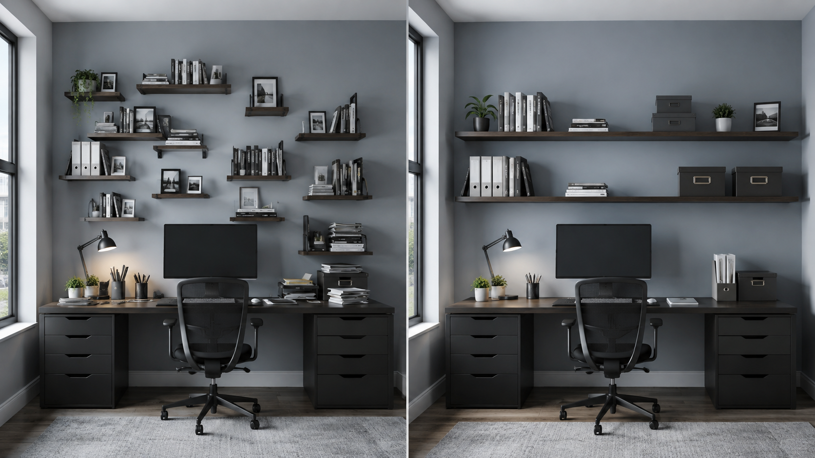 Comparison between scattered cluttered office shelving and a calmer organized shelf arrangement