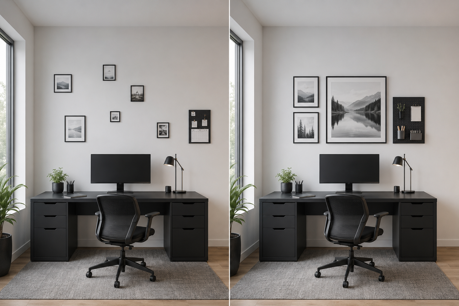 Home office wall comparison showing weaker and more balanced wall composition